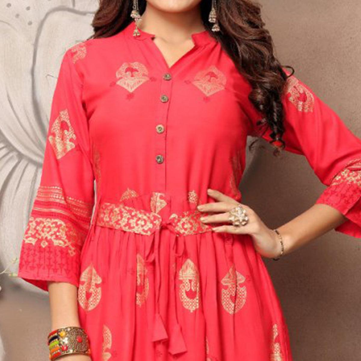 Peachmode Seller Energetic Light Red Colored Party Wear Foil Block Printed Rayon Kurti - view 2