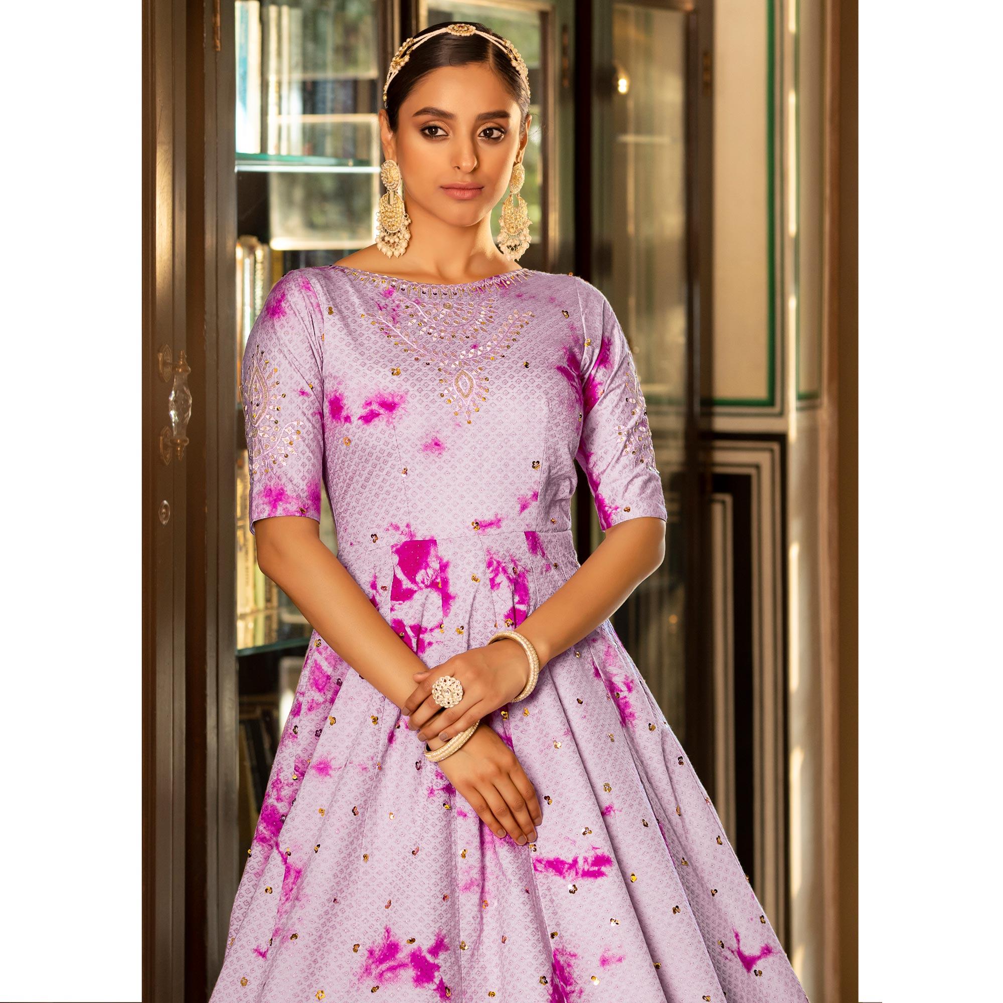 Peachmode Light Purple Digital Printed With Sequins Embroidered Cotton Blend Gown - view 3
