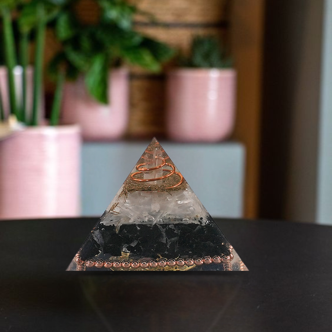 Gemsmantra Black Tourmaline & Selenite Orgonite Pyramid/Orgone Pyramid - view 2