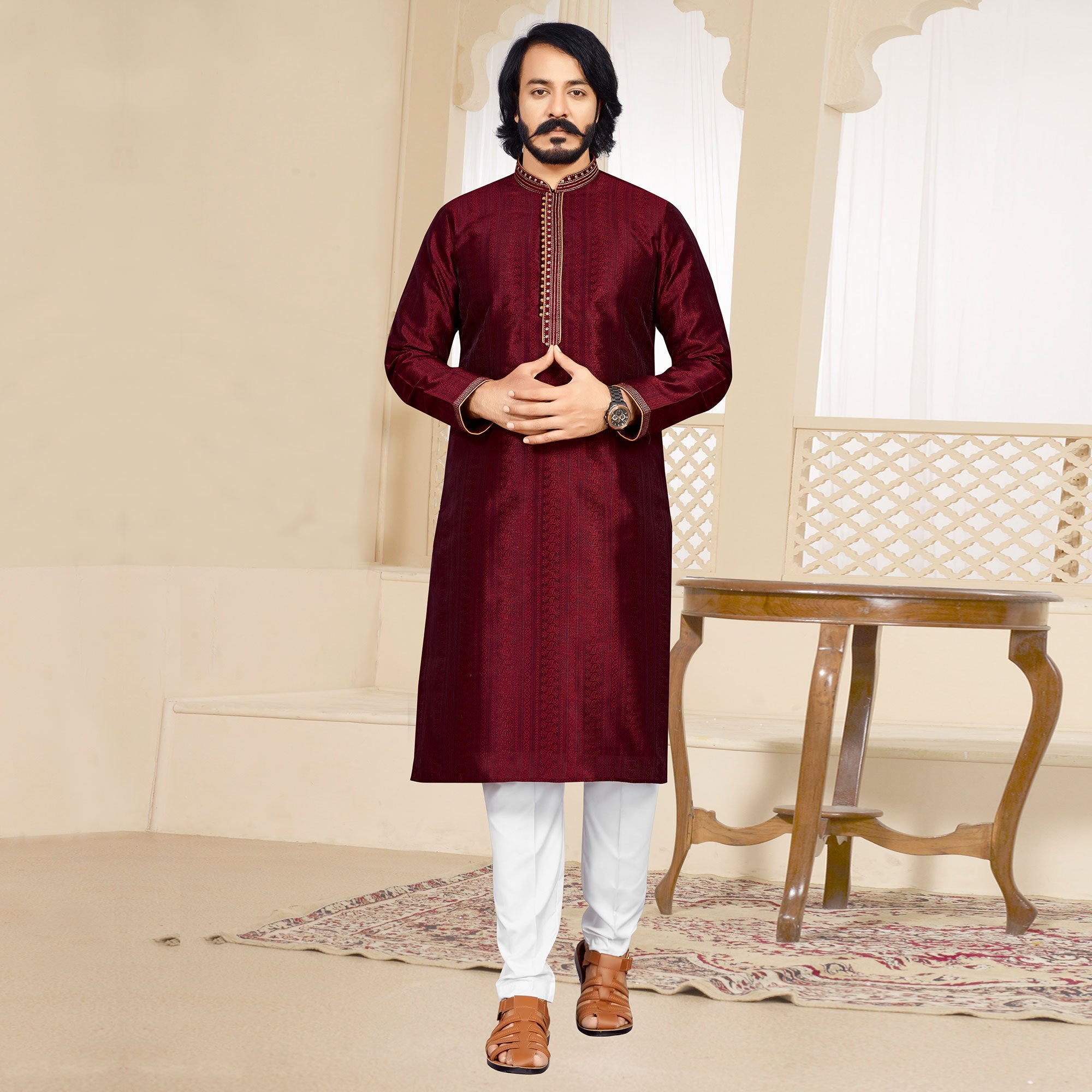 Peachmode Seller Maroon Woven Jacquard Kurta Pyjama Set