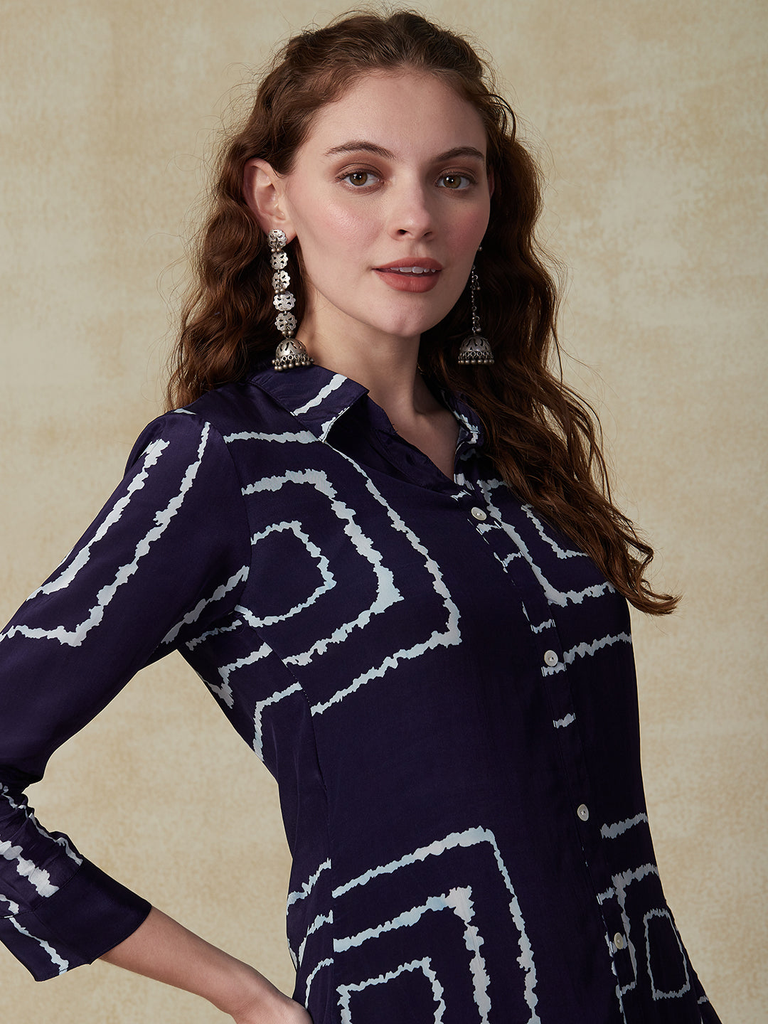 Fashor Abstract Printed Mother-of-Pearl Buttoned Shirt With Pants Indo-Western Co-ord Set - Blue