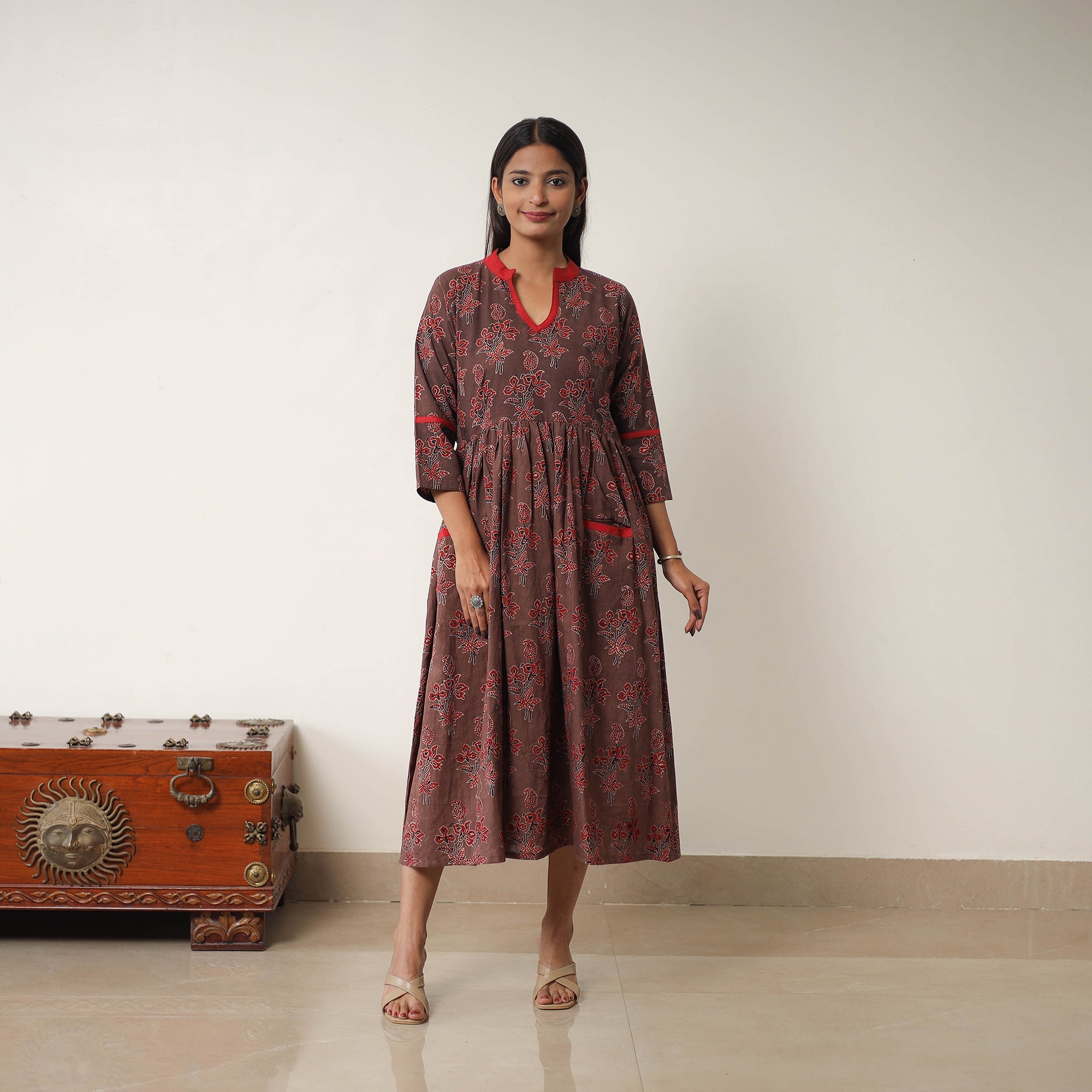 ITOKRI CASUALS Brown - Hand Block Print Cotton Flared Gher Ajrakh Dress 08 - view 2
