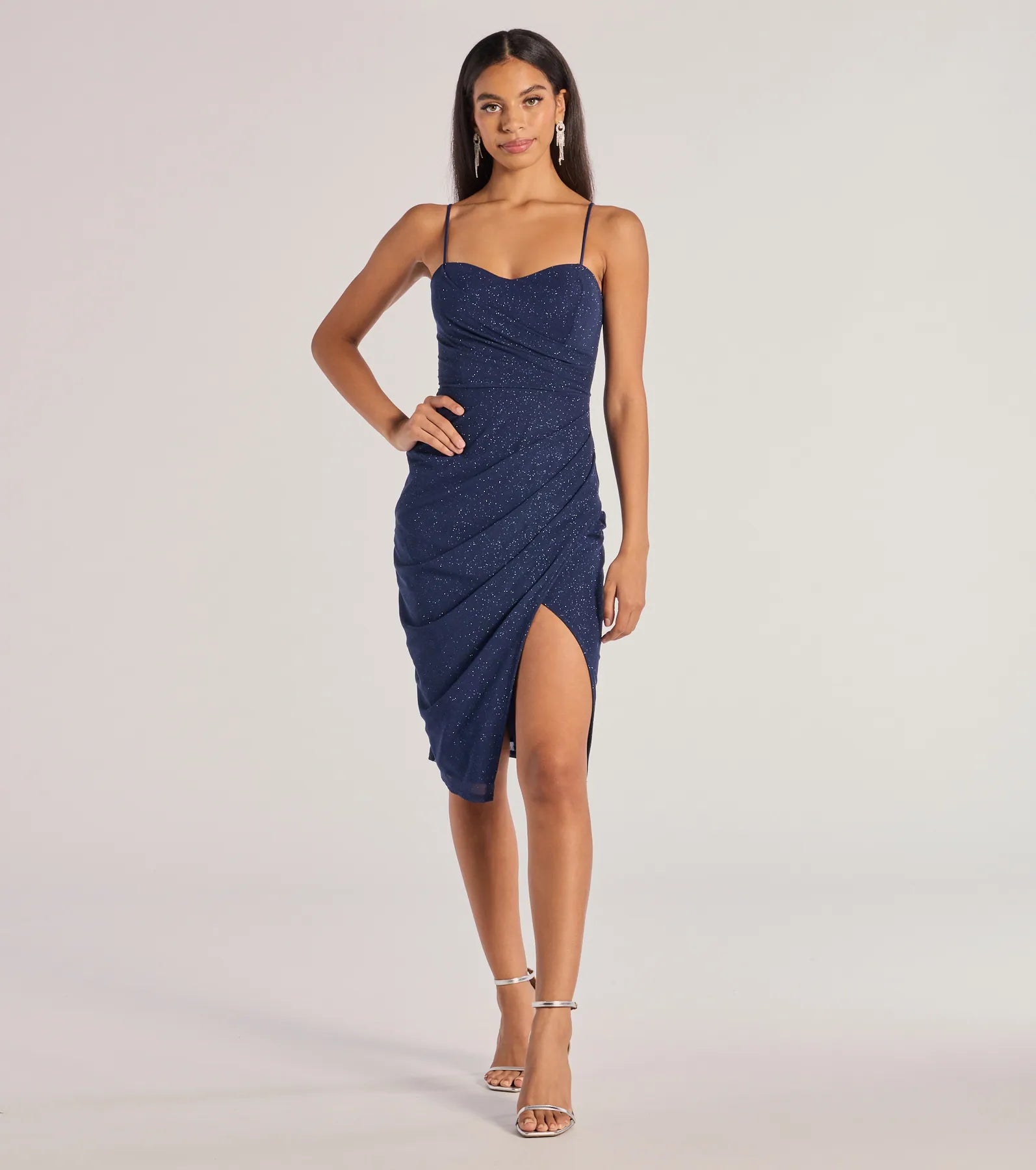 Windsor Glitz And Glimmer Glitter Mesh Wrap-Front Midi Dress
