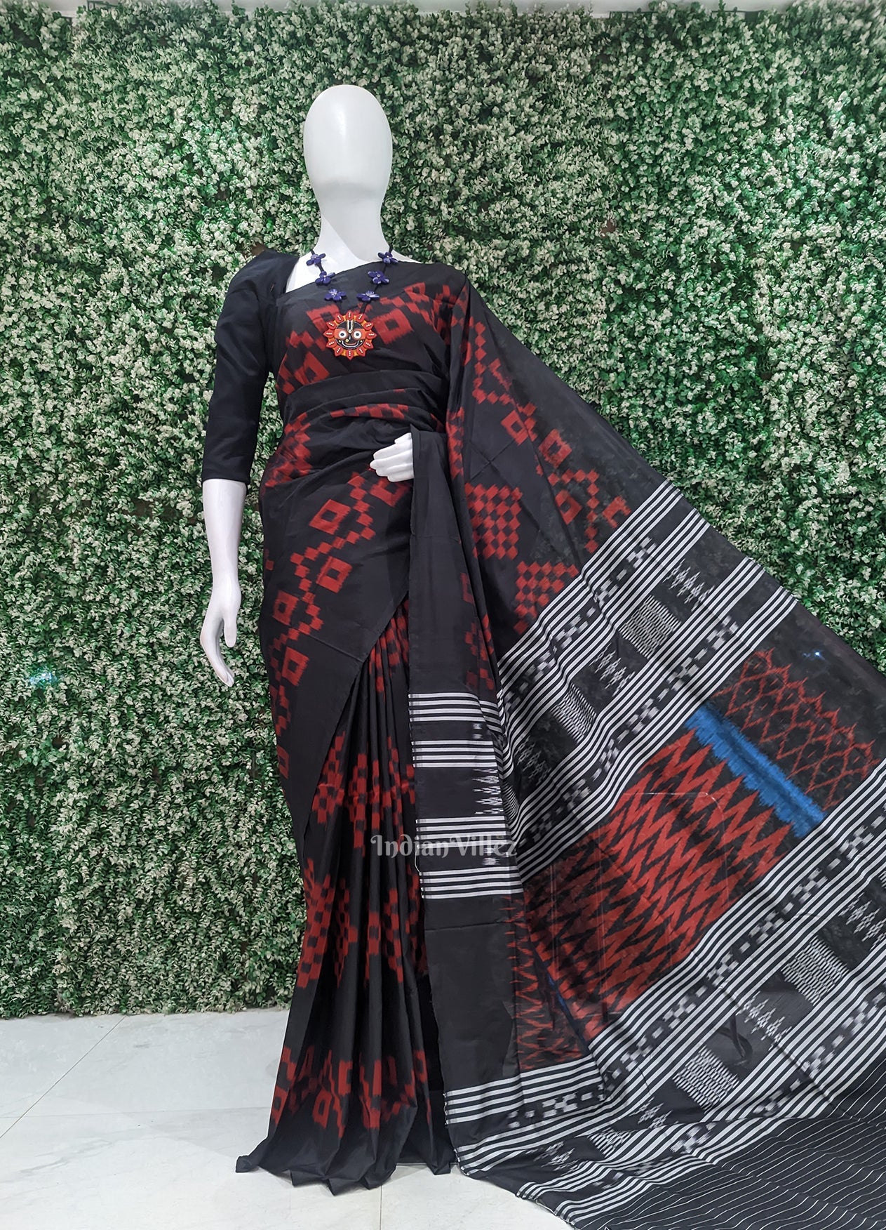 IndianVillèz Black Red Pasapali Odisha Ikat Contemporary Designer Saree