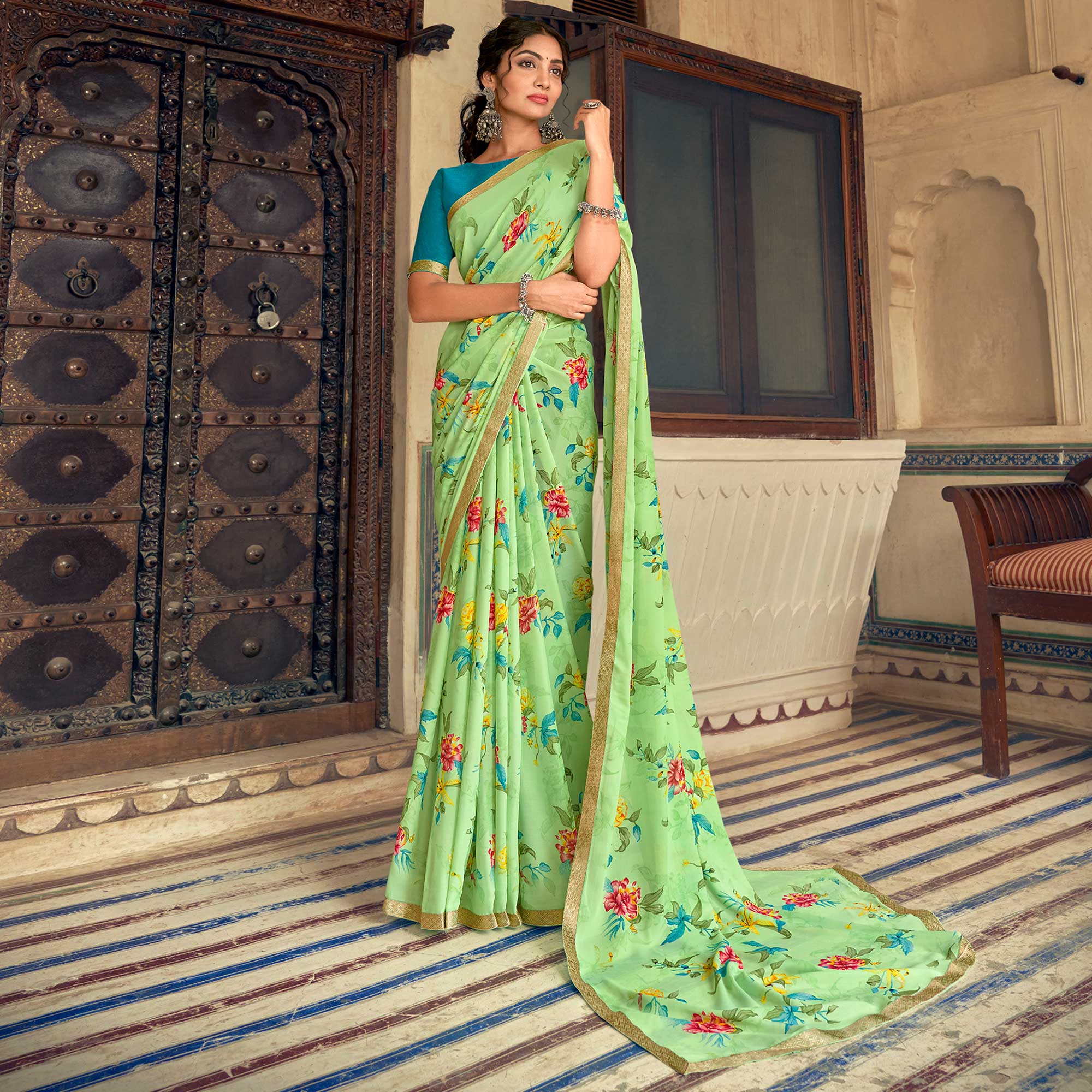 Green sarees – BlackTree green-floral-printed-chiffon-saree-1