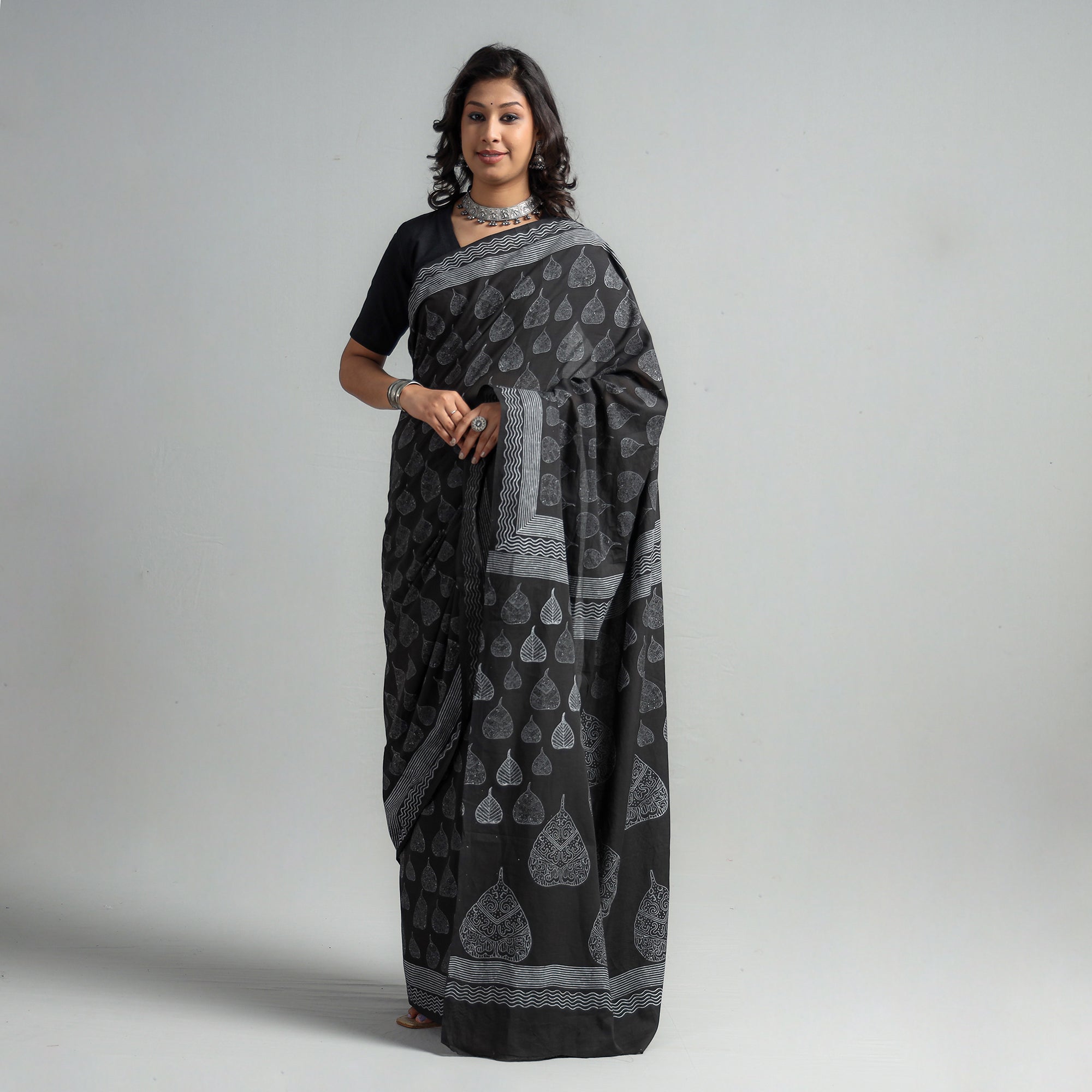 SANTOSH KUMAR DHANOPIA Black - Block Printed Mul Cotton Sanganeri Saree