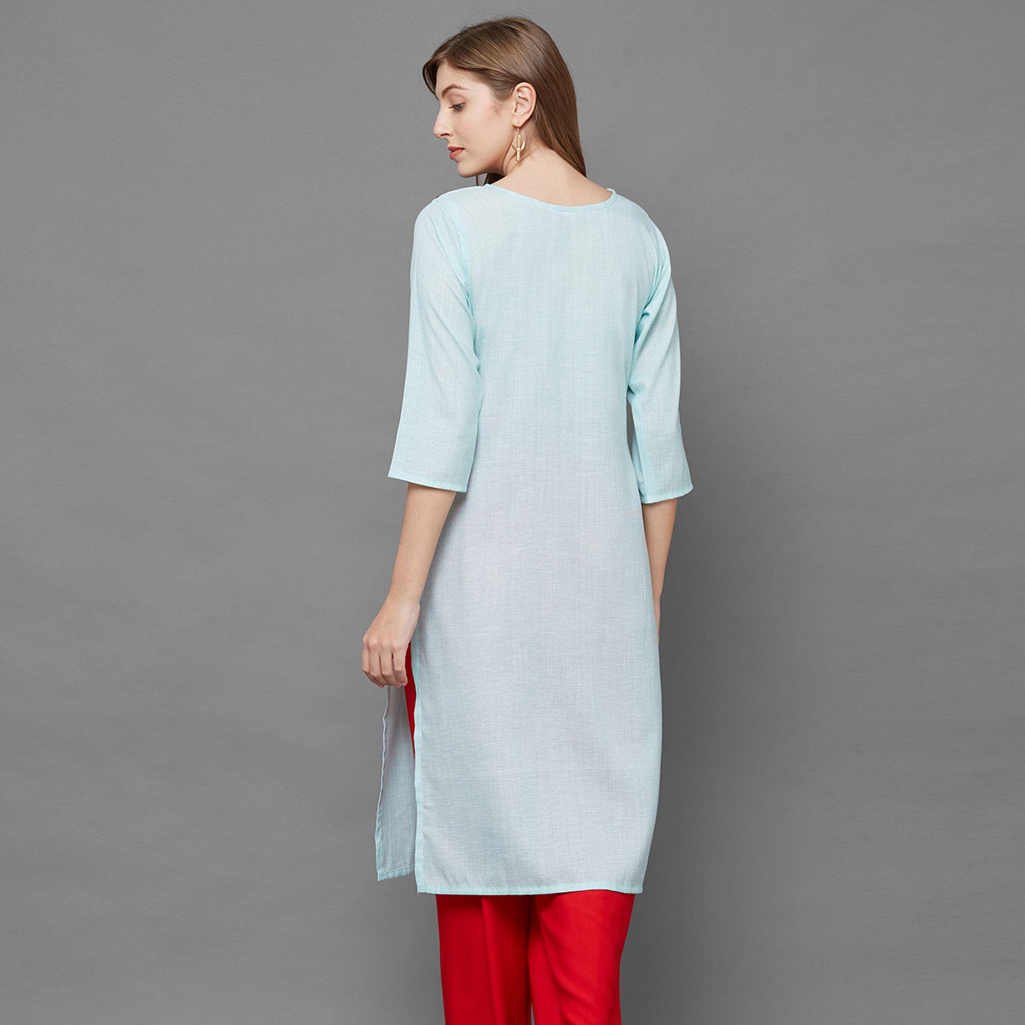 Peachmode Intricate Sky Blue Colored Casual Hand Embroidered Cotton Kurti - view 3