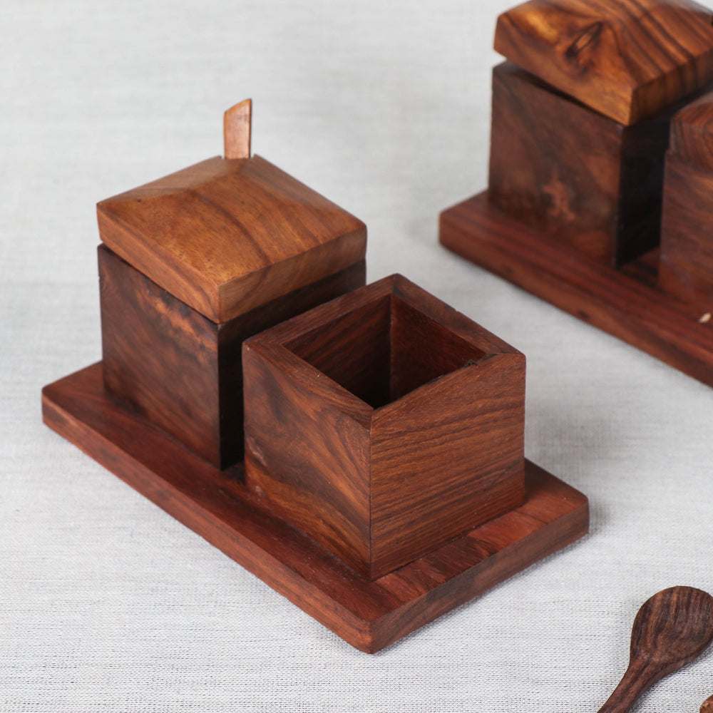HAVELI CHRONICLES Brown - Mukhwas Tray Set - Handcrafted with Sheesham Wood in Hut Shape