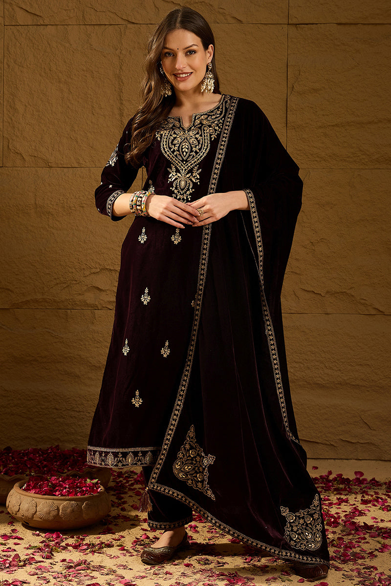 Ahika Purple Velvet Solid Embroidered Straight Trousers Suit Set PKSKD2254