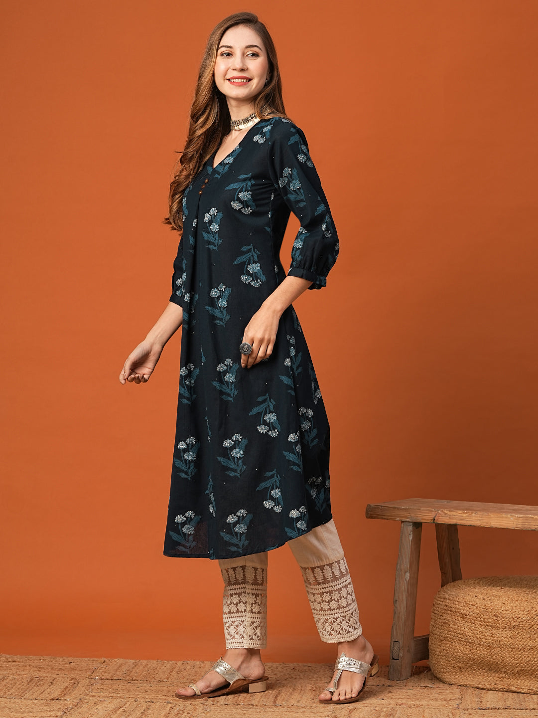Fashor Floral Printed Wooden Buttoned Pleated Kurta - Blue - view 4