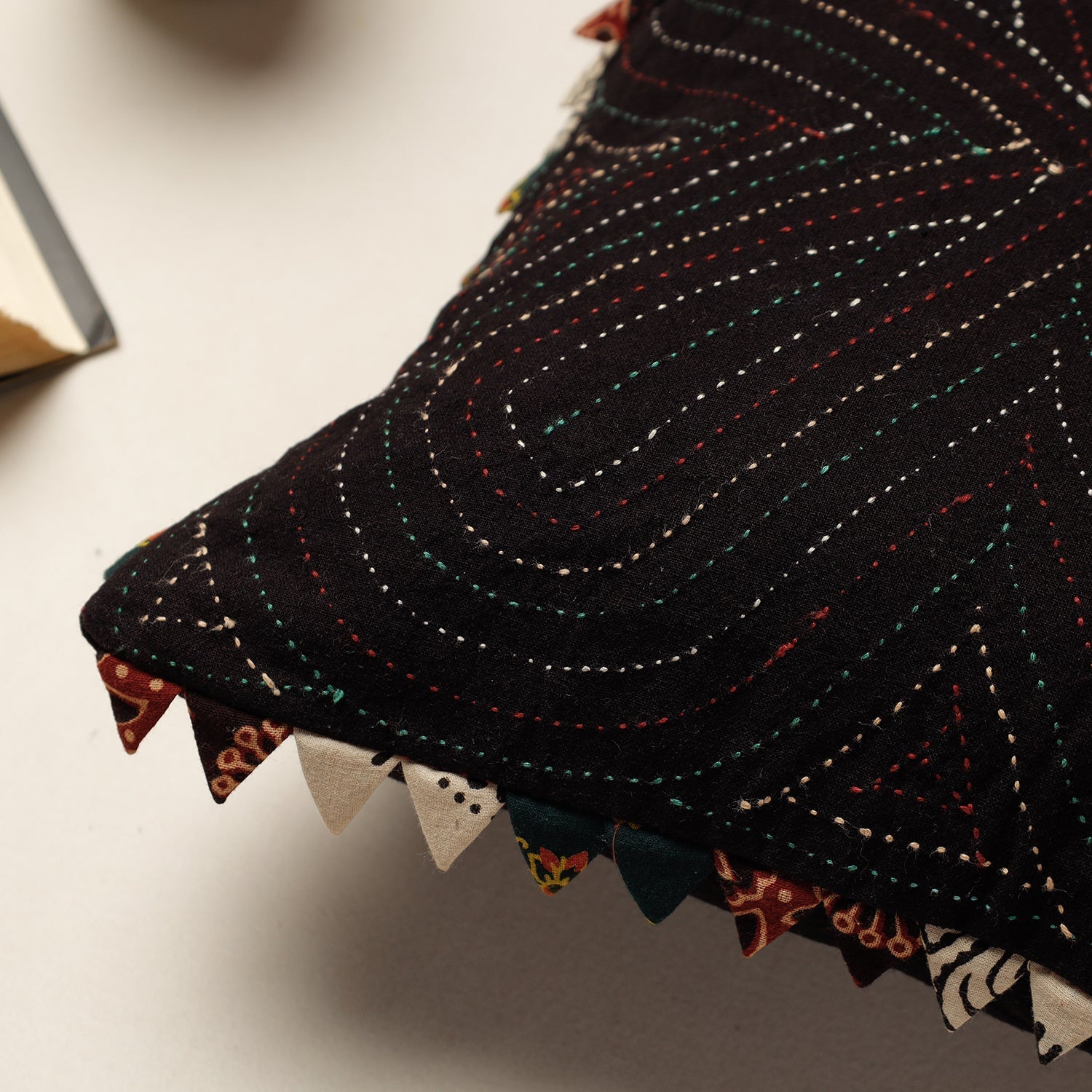 Black - Kala Raksha Tagai Work Cotton Cushion Cover (12 x 12 in) - view 2