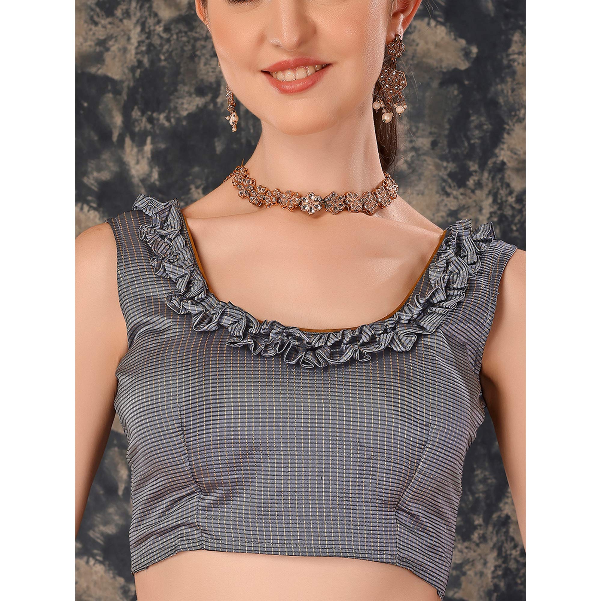 Peachmode Grey Swarovski Work Chiffon Saree With Tassels - view 8