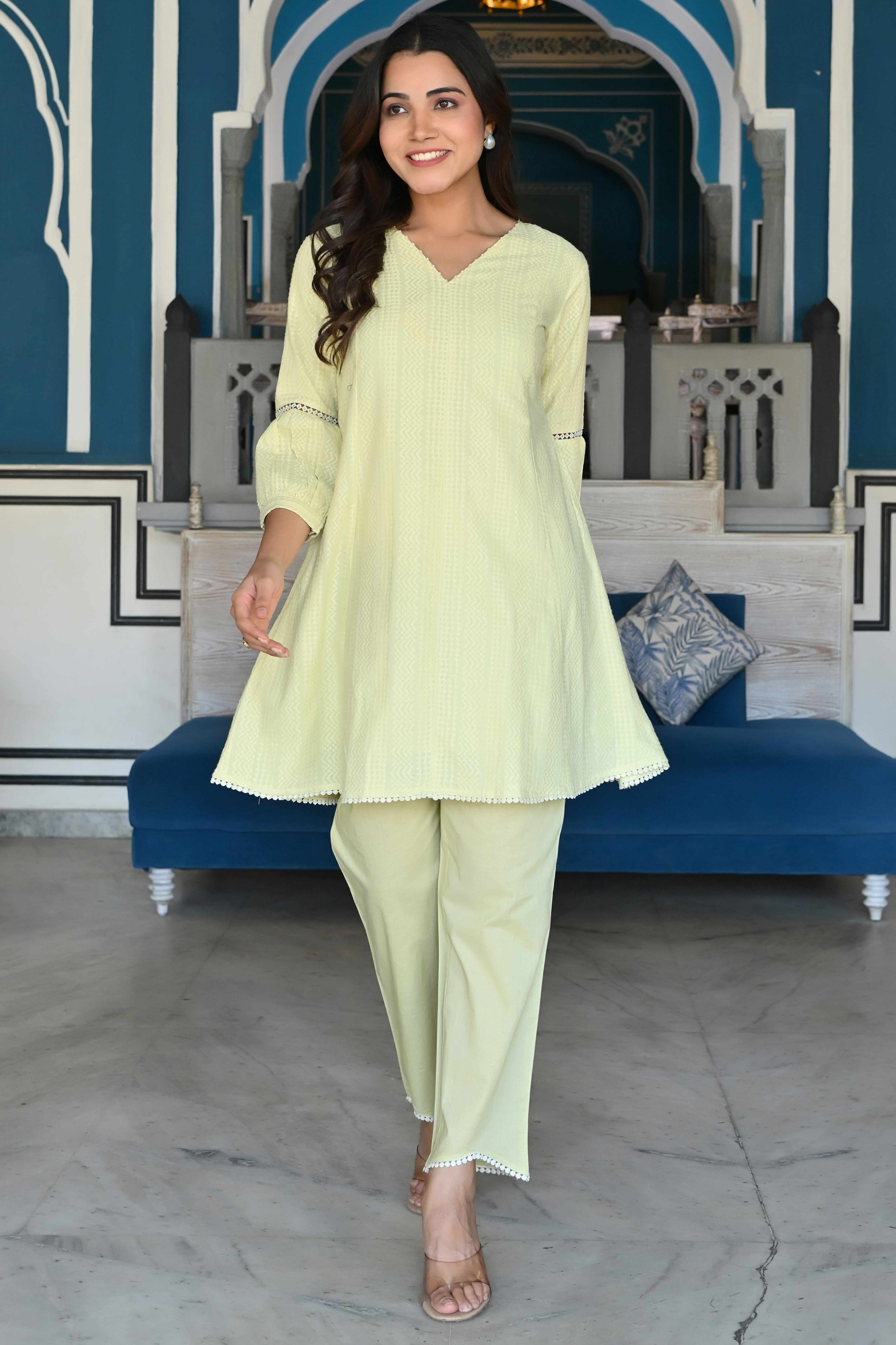 Peachmode Lemon Yellow Dobby Work Pure Cotton Co-Ord Set - view 6
