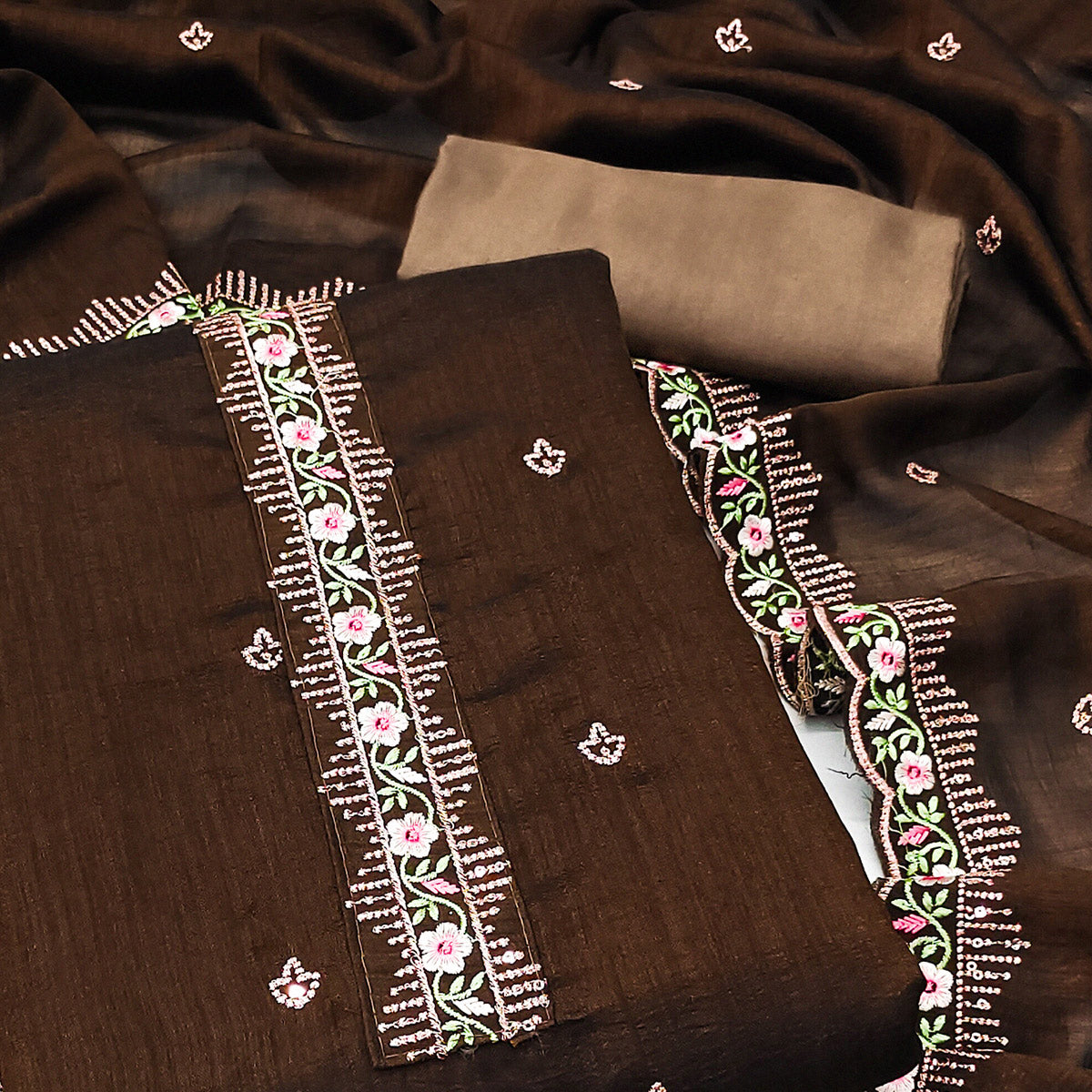Peachmode Brown Floral Embroidered Vichitra Silk Dress Material - view 2
