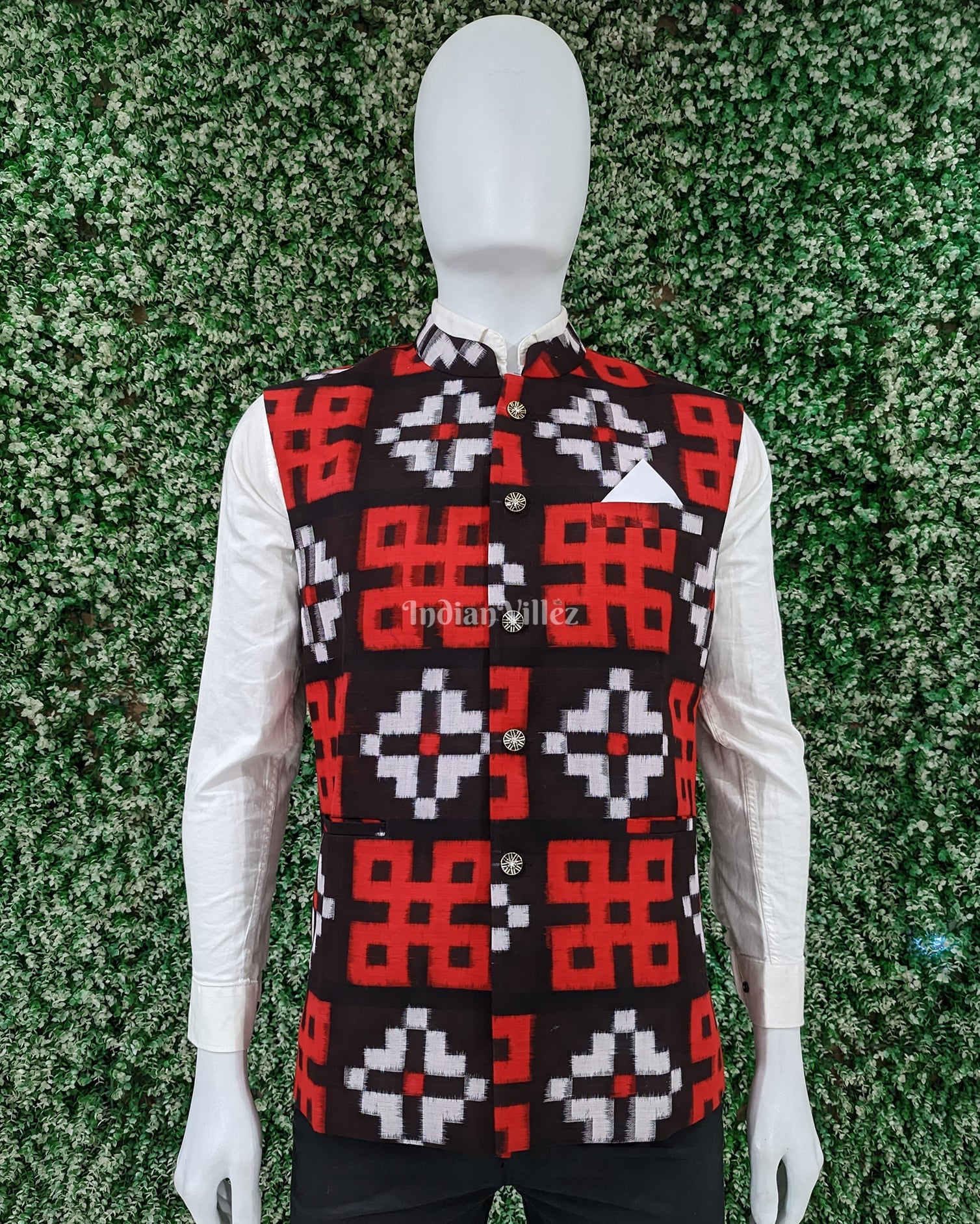 IndianVillèz Red Black Pasapali Odisha Ikat Cotton Half Bandi Jacket for Men