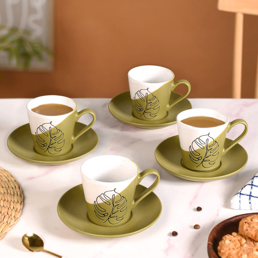 Nestasia Serene Tropics Ceramic Tea Cup And Saucer Set Of 4 Olive 225ml