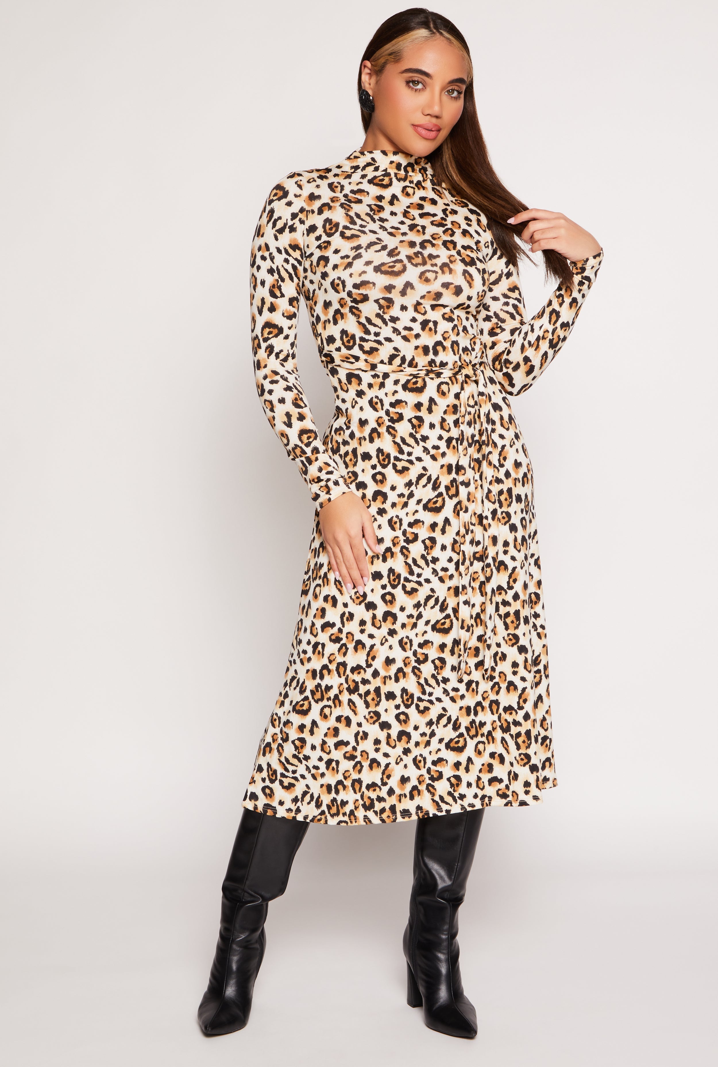 Rainbow Shops Leopard Print Tie Waist Belted Midi Dress