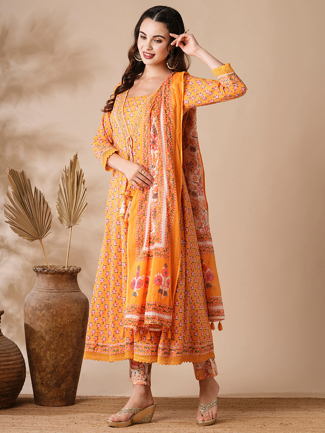 Fashor Floral Printed & Beads Embroidered Anarkali with Pant & Pure Cotton Dupatta - Yellow - view 4