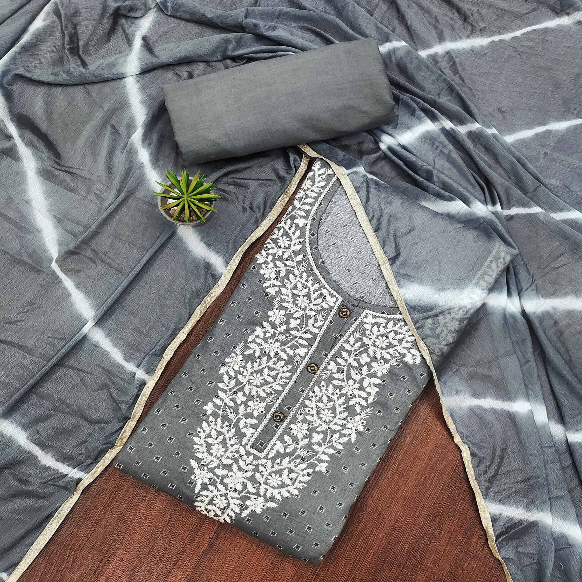 Peachmode Grey Printed With Embroidery Pure Cotton Dress Material