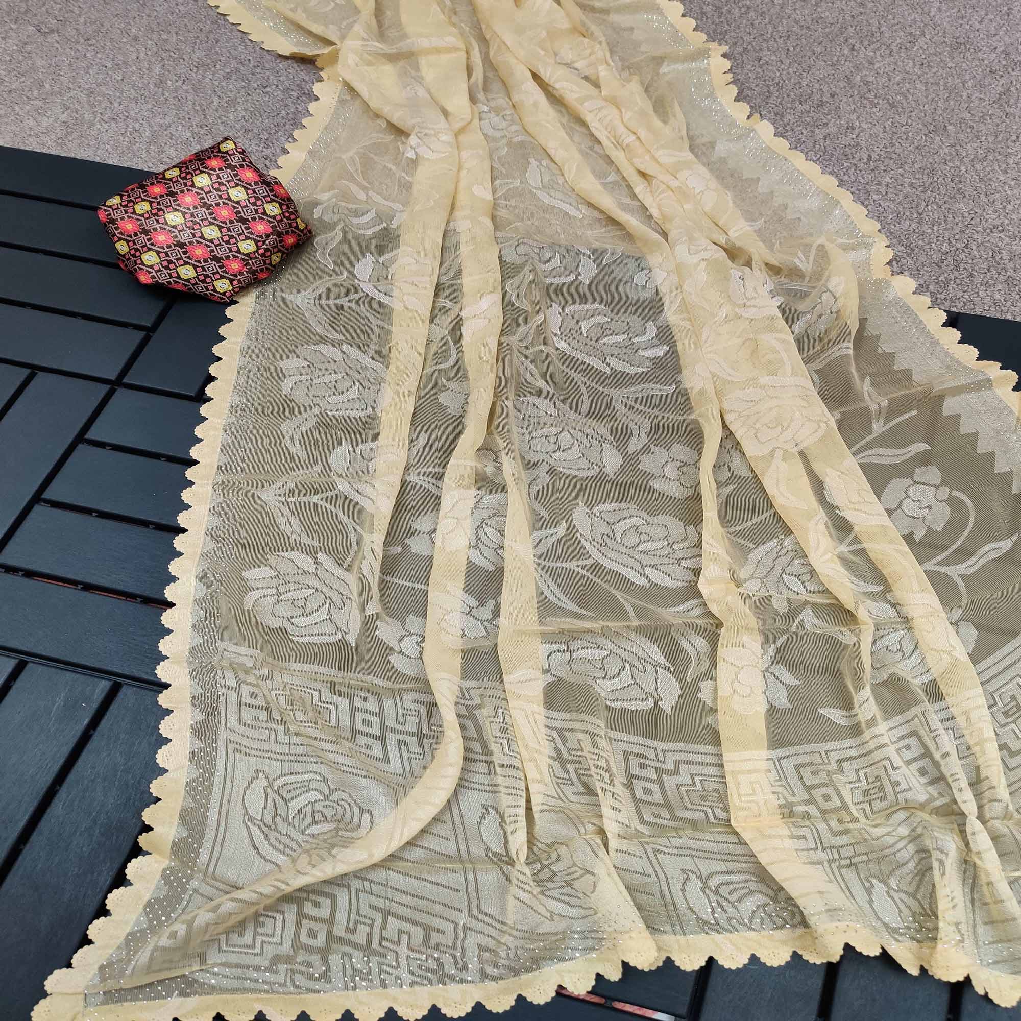 Peachmode Cream Woven With Swarovski Work Brasso Saree