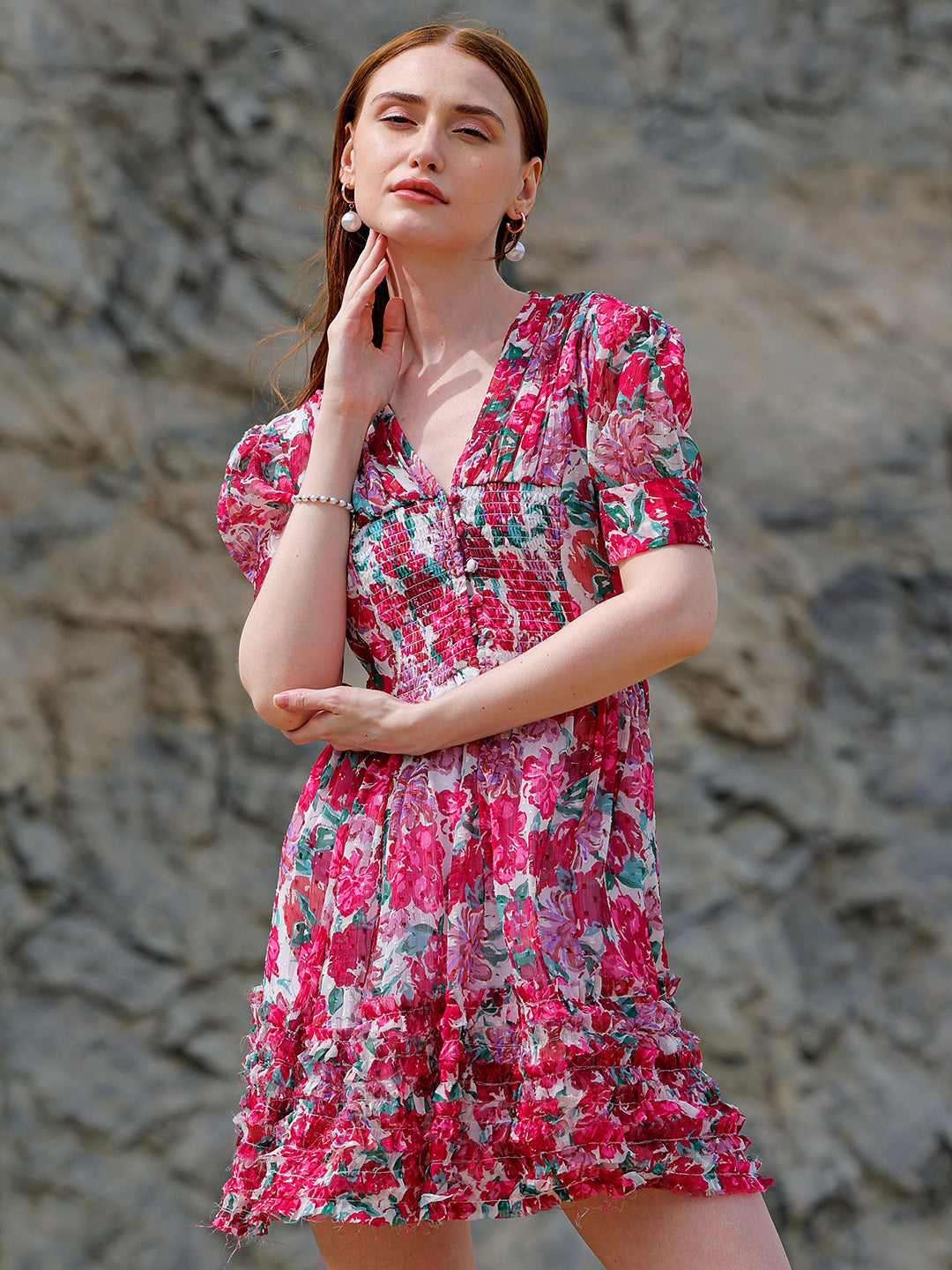 Freehand by The Indian Garage Co Women's White Fit And Flare Floral V neck Ruffle Dress