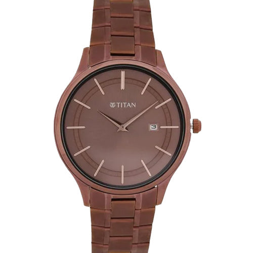 Titan Classique Slimline Brown Dial Analog with Day and Date Stainless Steel Strap Watch for Men 40mm NT90142QM05