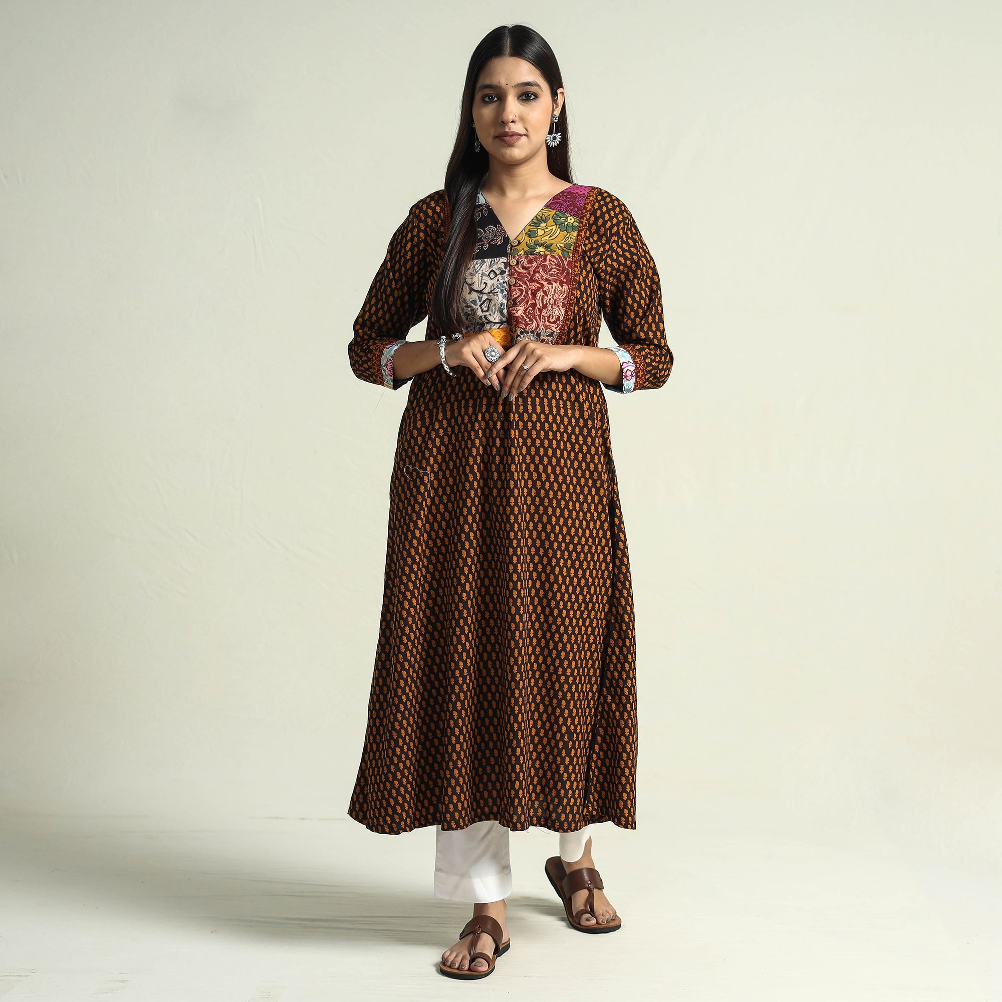 ITOKRI CASUALS Brown - Block Print Cotton Patchwork A-Line Bagh Kurta - view 2