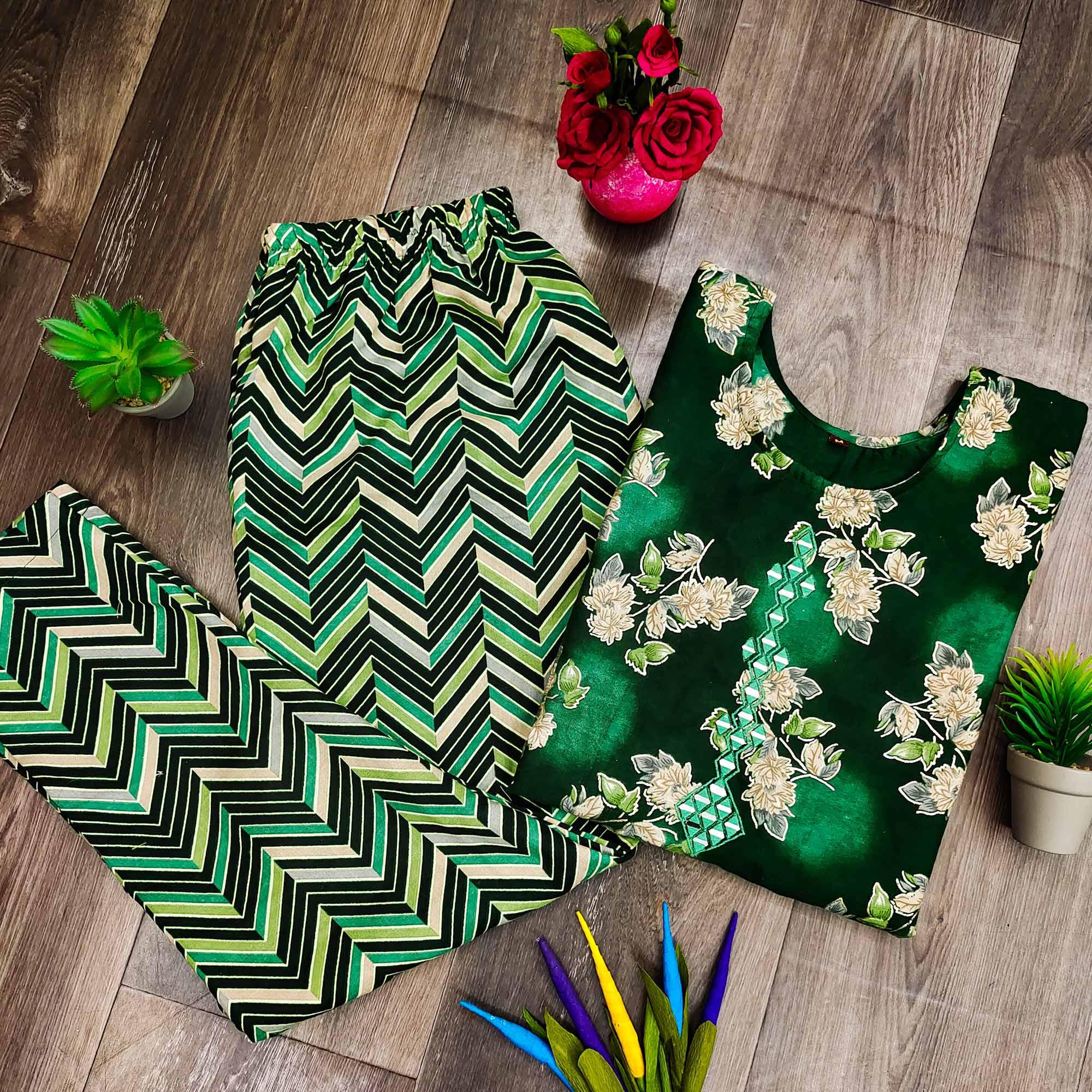 Green kurtas – BlackTree green-casual-wear-mirror-printed-ruby-cotton-kurti-pant-set-136611