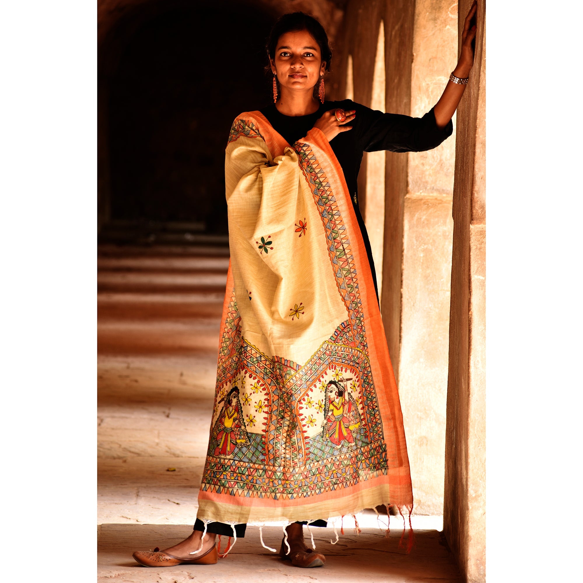 DIORAMA DESIGNS Beige - Madhubani Handpainted Cotton Garba Raas Dupatta