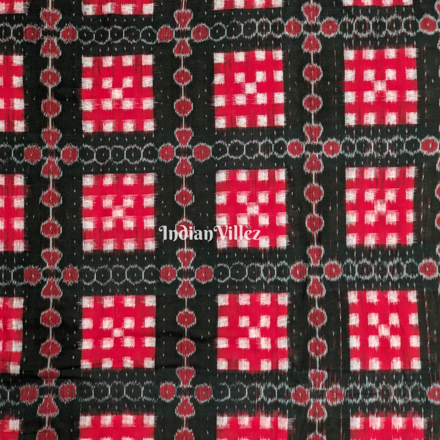IndianVillèz Black Red Pasapali Theme Sambalpuri Ikat Cotton Fabric - view 3