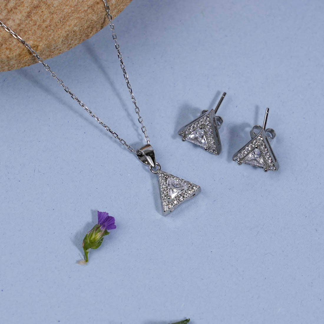 Prinjal Jewellers Silver Set Chain Triangular Pendant and Earrings with Stones for Women