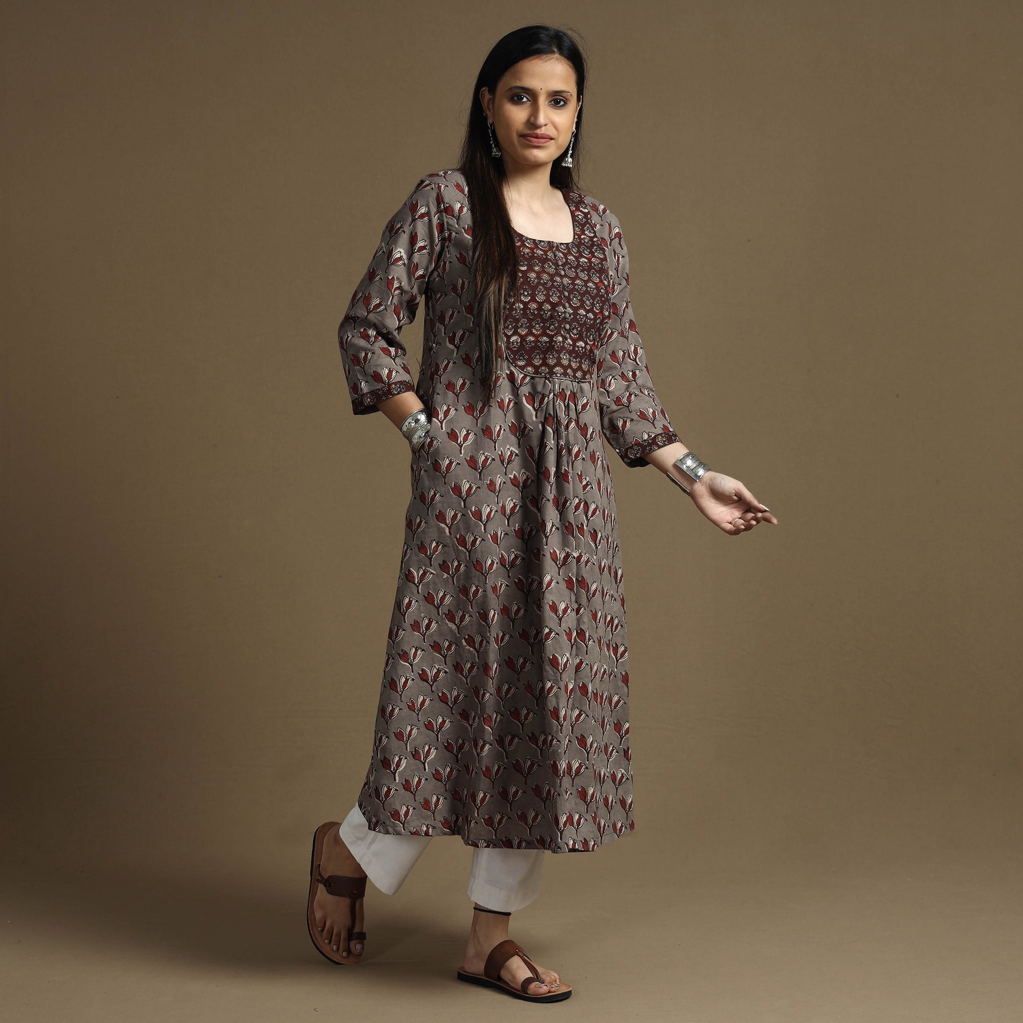 ITOKRI CASUALS Brown - Bagru Hand Block Printed Cotton A-Line Long Kurta - view 3