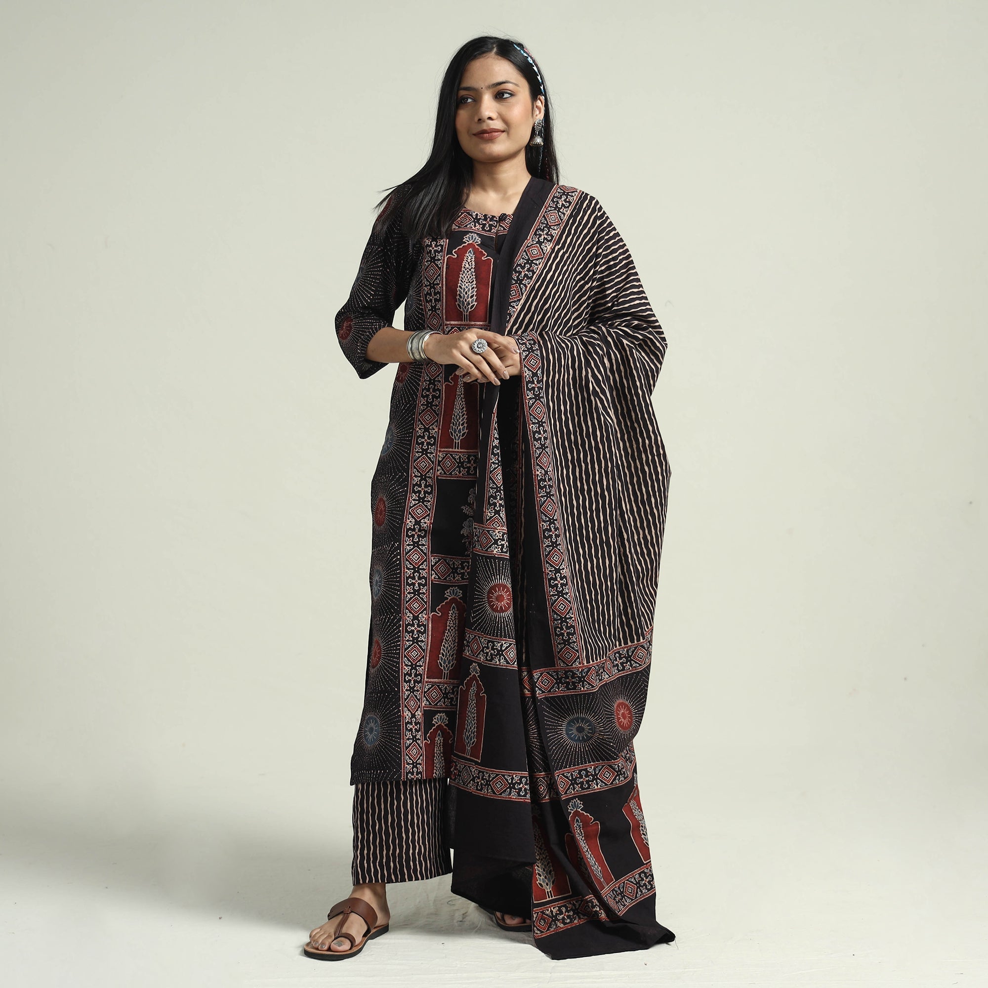 ITOKRI CASUALS Black - Ajrakh Block Printed Cotton Kurta With Palazzo & Dupatta Set