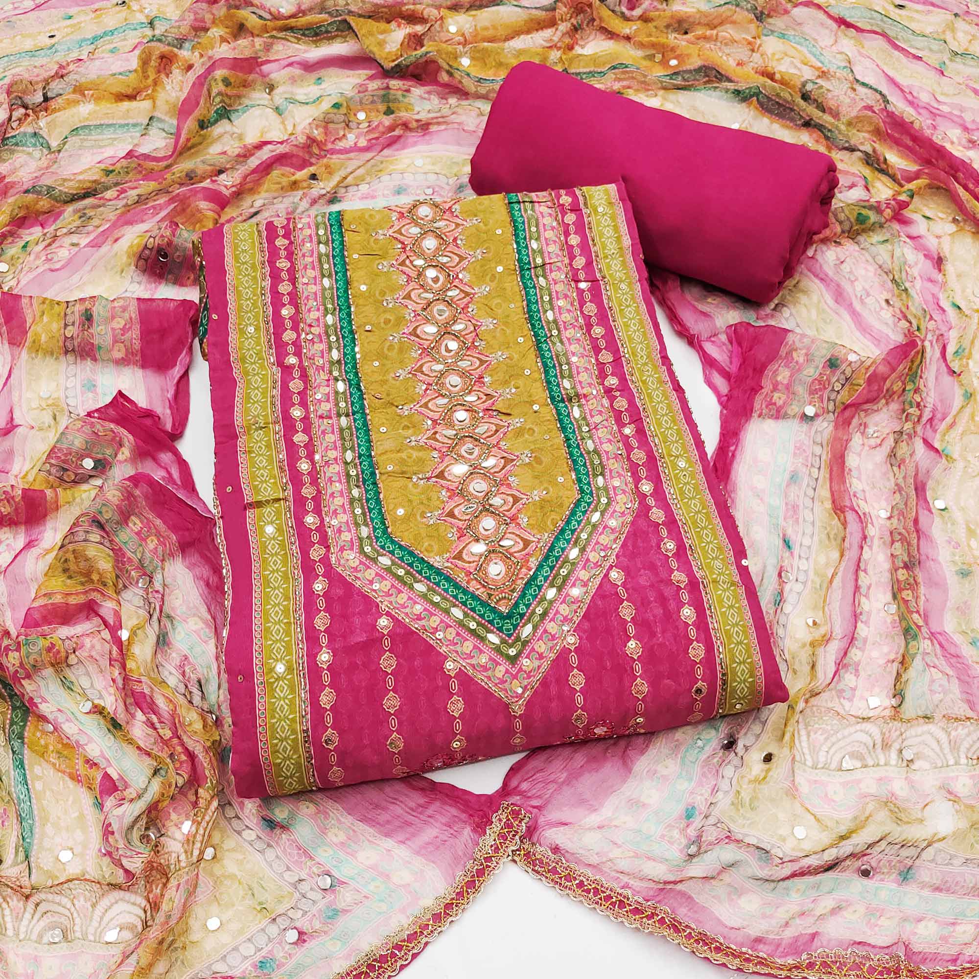 Peachmode Pink Embroidered With Printed Work Crepe Dress Material