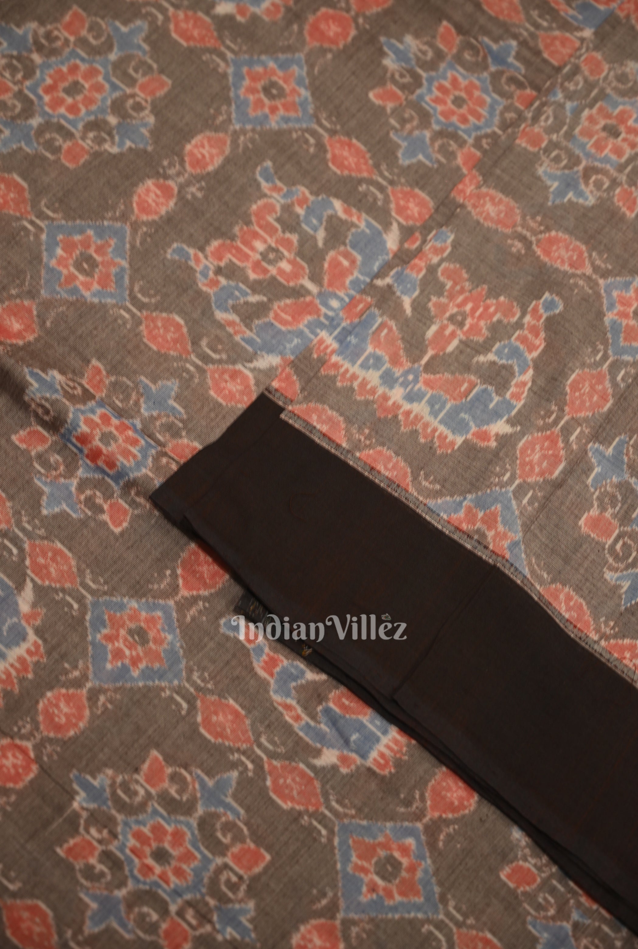 IndianVillèz Cement Gray Black Fower Motif Sambalpuri Odisha Ikat Cotton Fabric - view 2