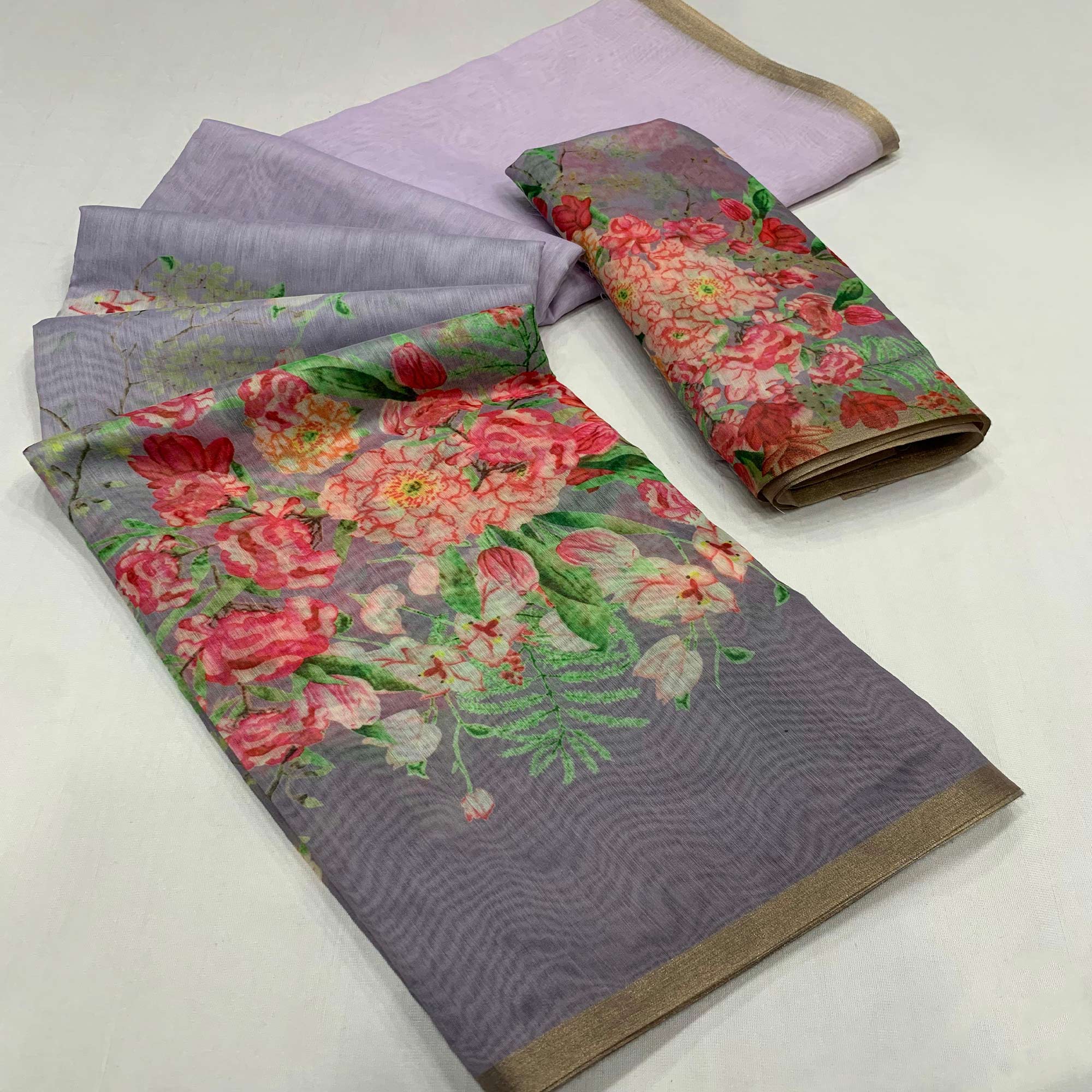 Peachmode Lavender & Grey Floral Printed Cotton Silk Saree