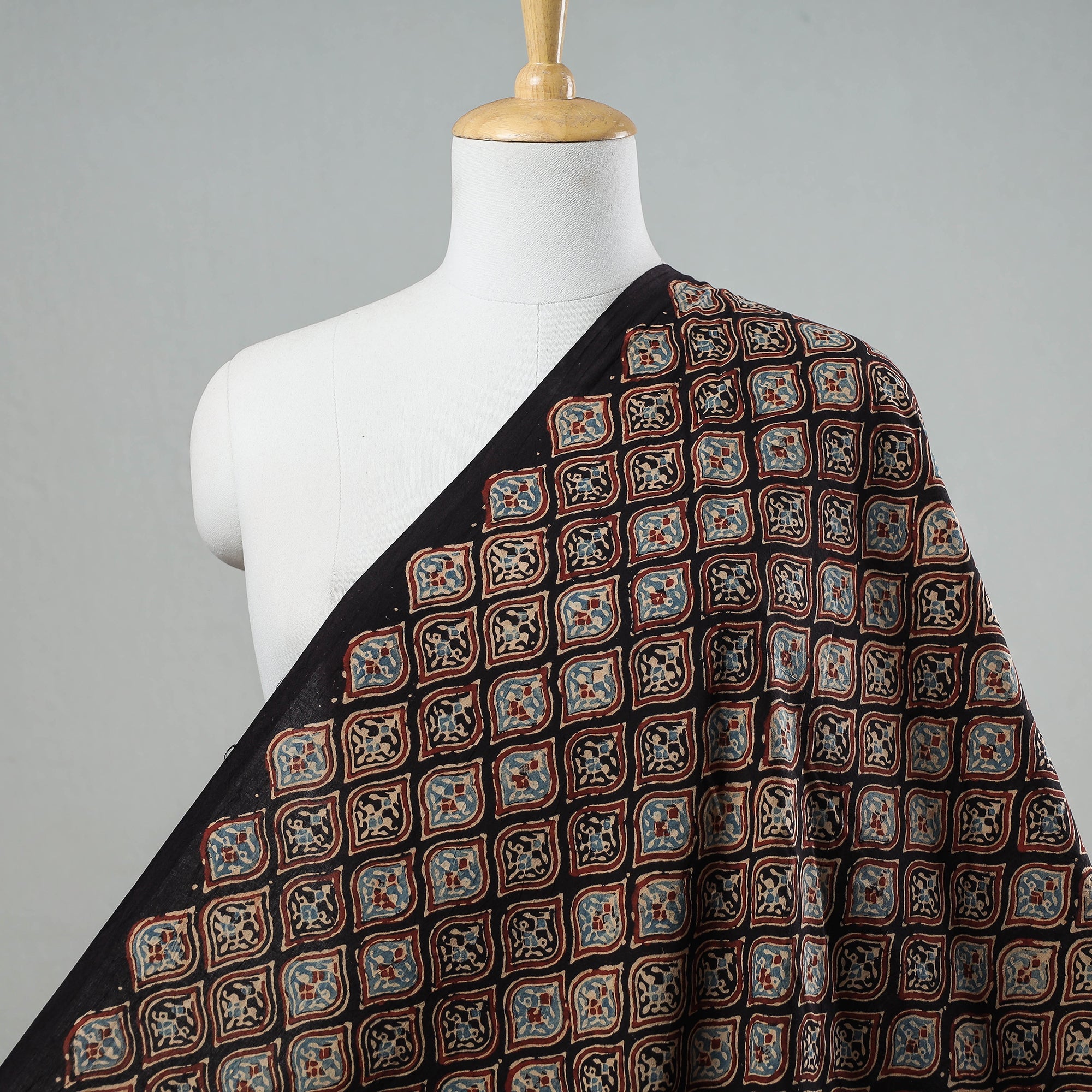AJRAKH BY JABBAR KHATRI Black - Leaf Butta Ajrakh Hand Block Printed Cotton Fabric