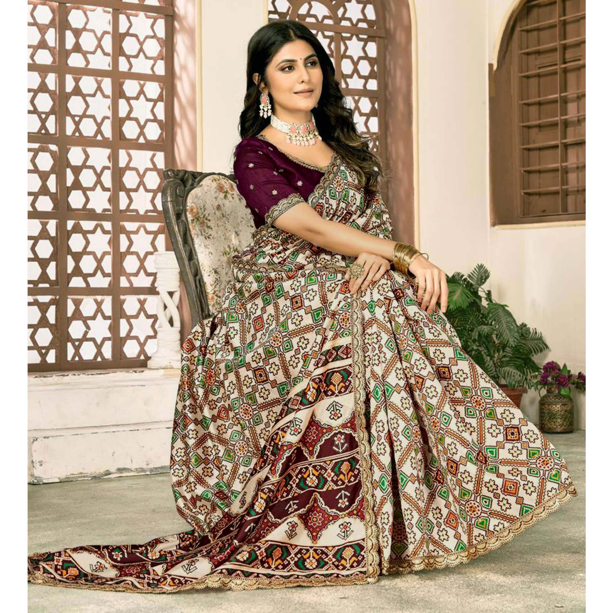 Peachmode Off White Printed Patola Tussar Silk Saree - view 5