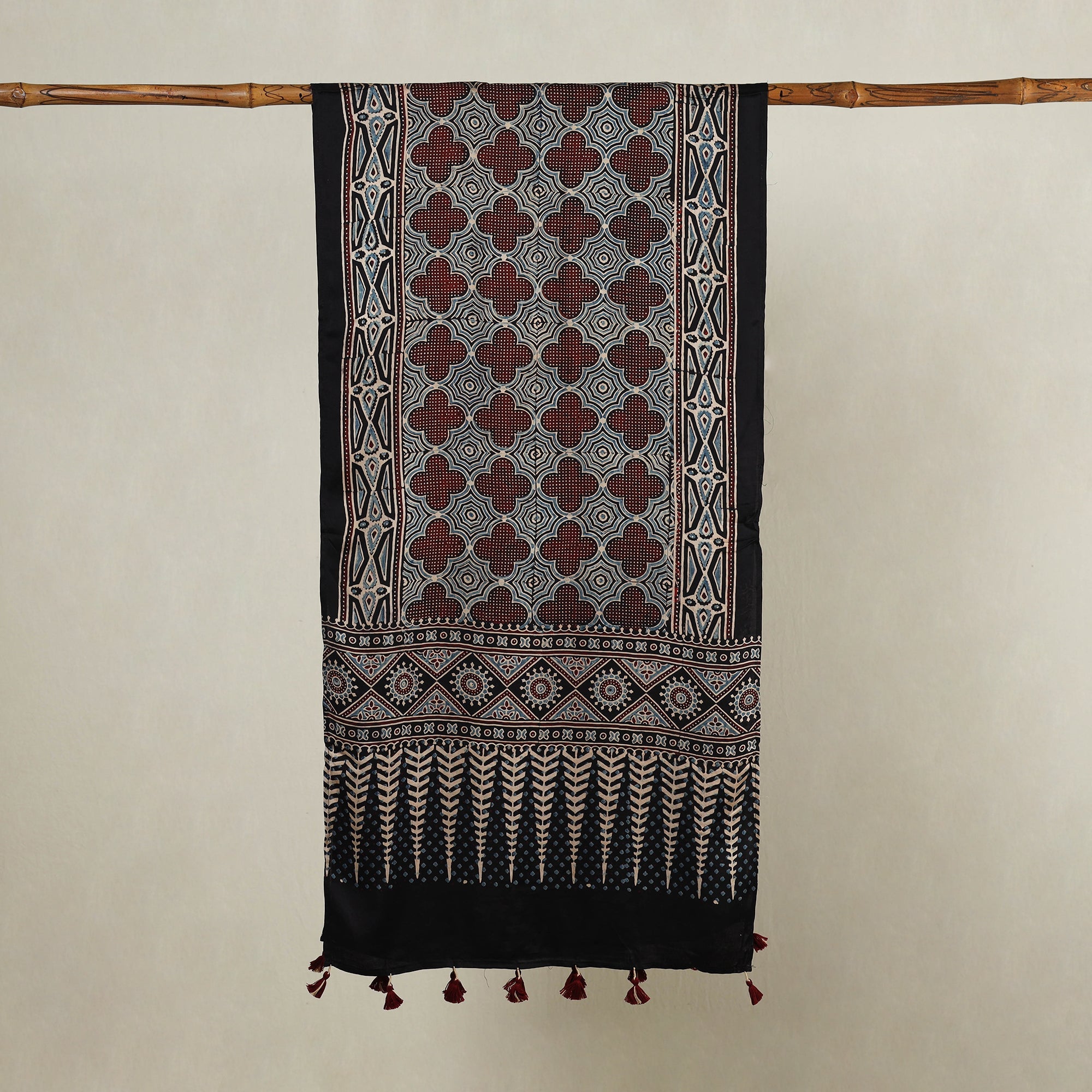 RIYAZ ABDULMAJID KHATRI - AJRAKH Black - Ajrakh Hand Block Printed Modal Silk Stole with Tassels - view 2