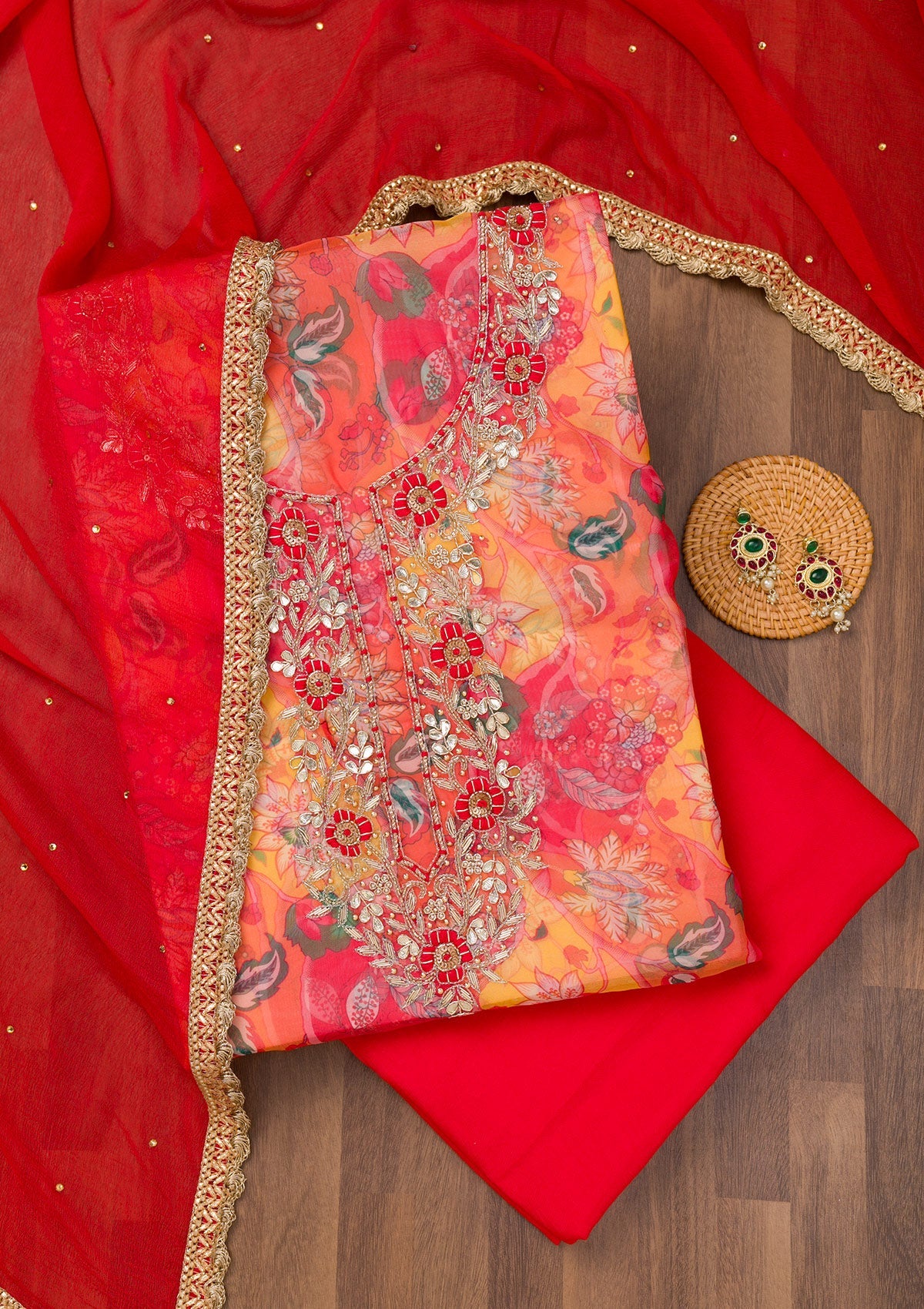 Koskii Yellow Zariwork Organza Unstitched Salwar Suit