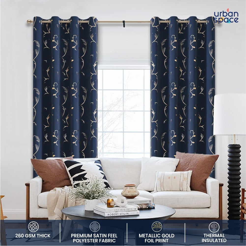 Urban Space -Home Furnishing Store Gold Foil Printed 80-85% Blackout Curtains - Pack of 1 Curtain - Vine- Navy Blue - view 2