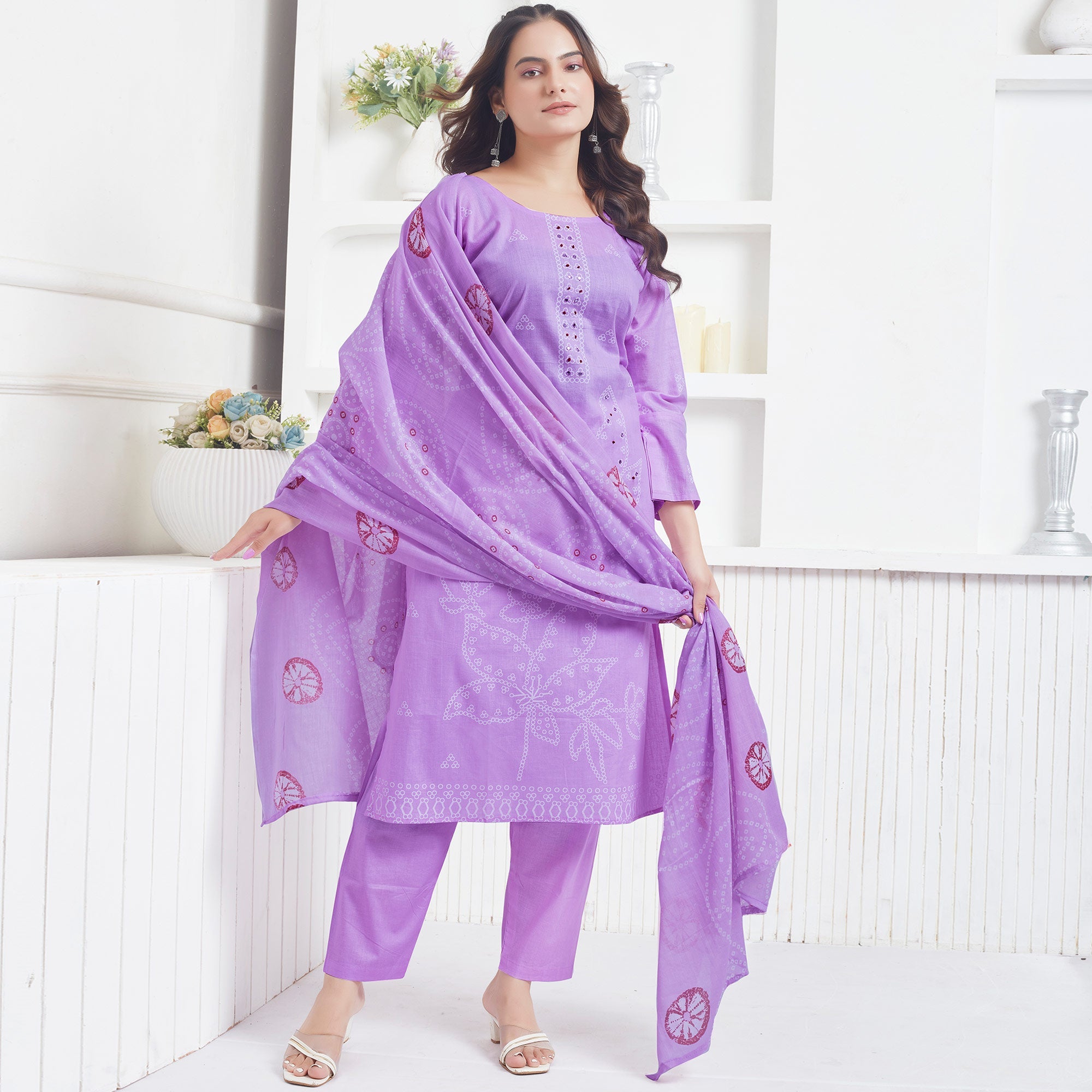 Peachmode Lavender Printed Pure Cotton Salwar Suit With Mirror Work - view 2