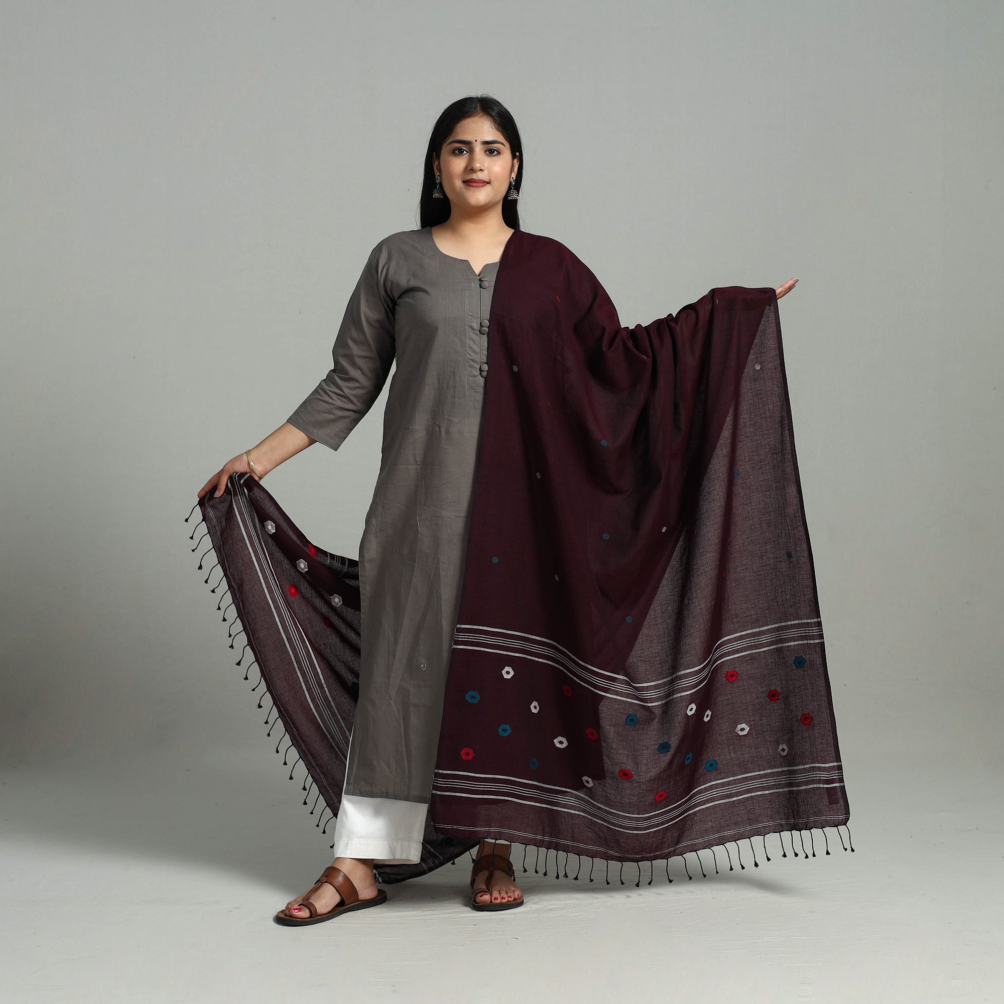 KHUSHBASH - HAPPY LOOM OF EAST Brown - Handloom Cotton Burdwan Jamdani Dupatta 17 - view 2