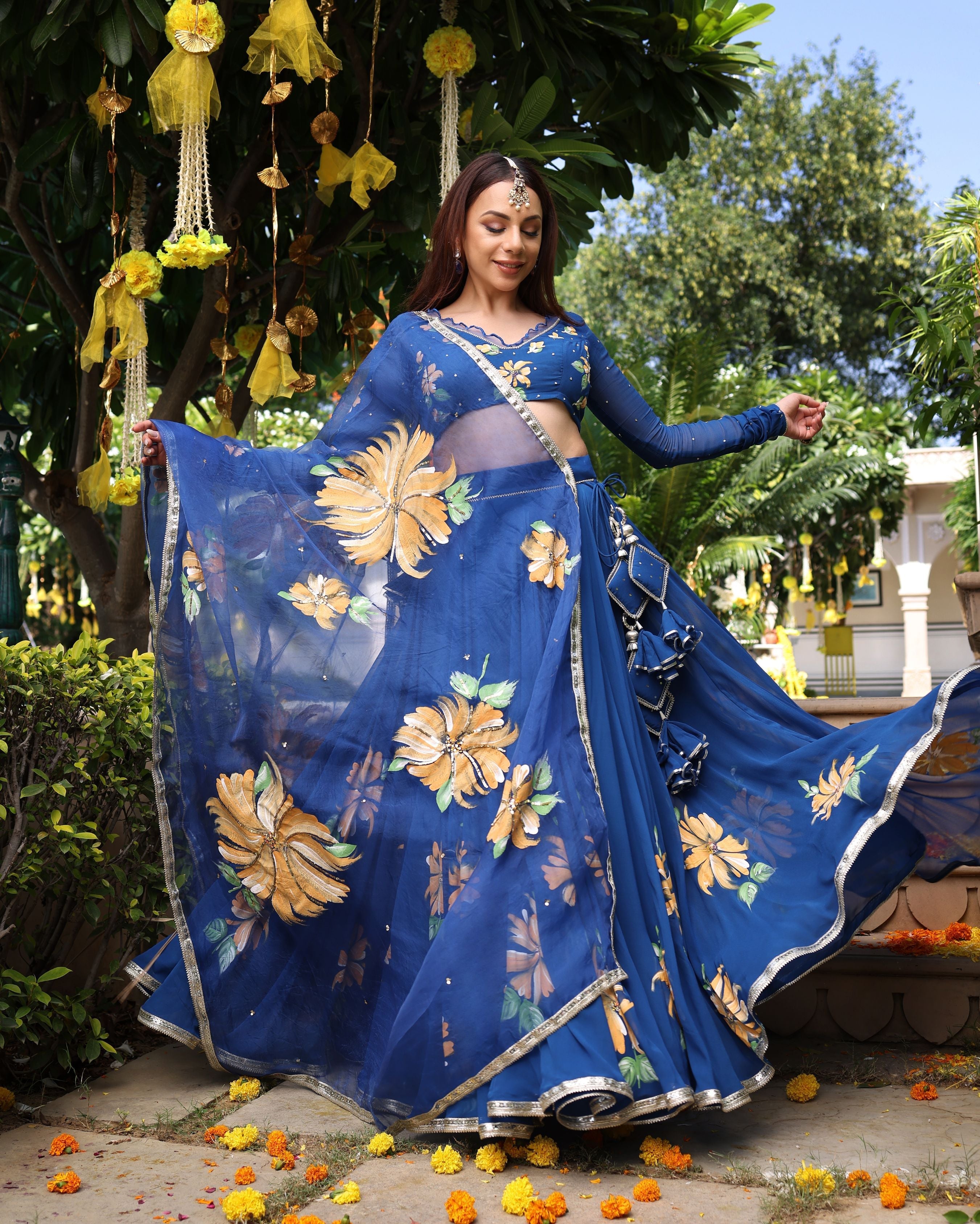Aachho Madison Blue Handpainted Georgette Lehenga Set - view 7