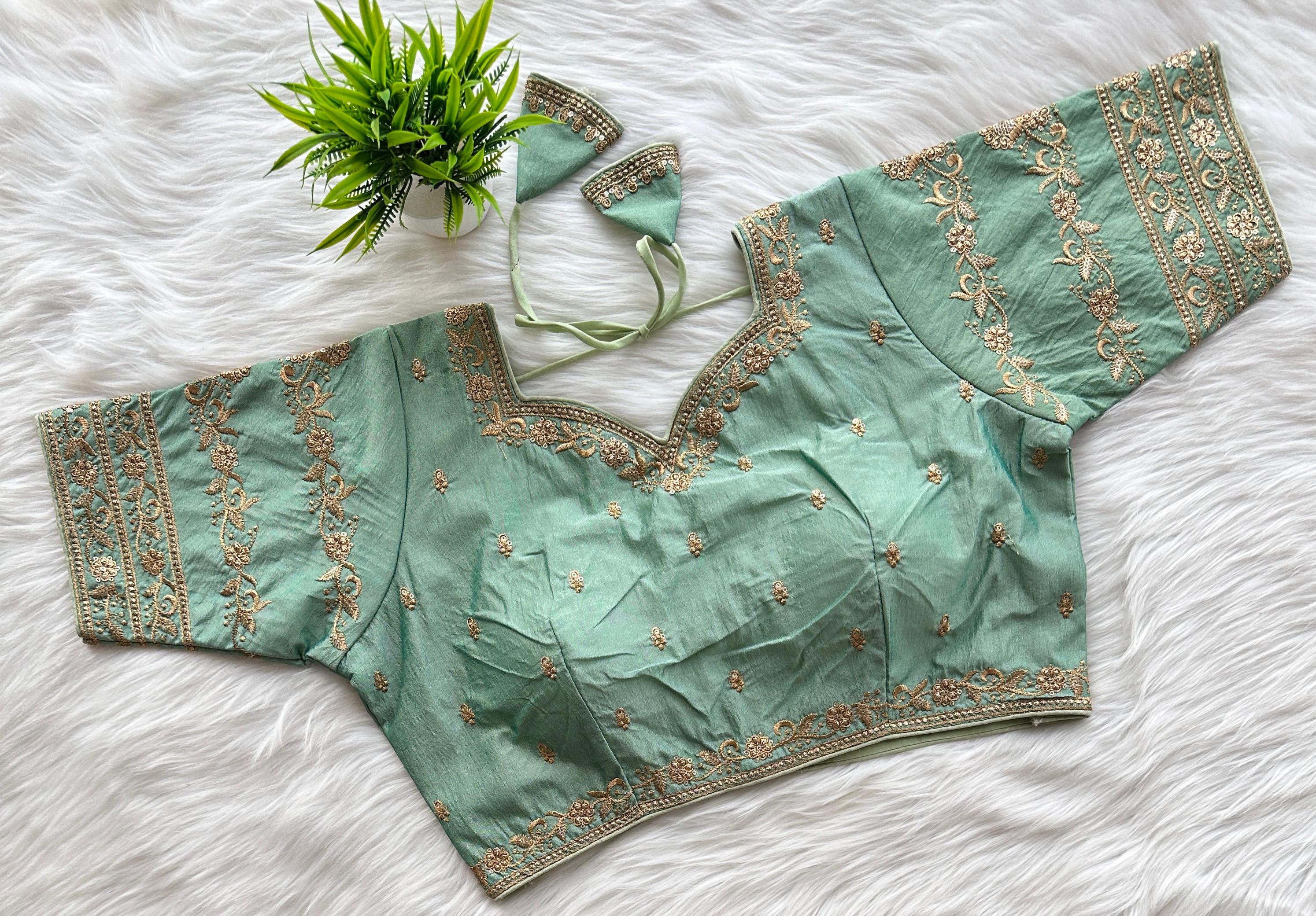 ClothsVilla Mint Green Rajbhog Silk Embroidered Blouse with Handcrafted Detailing