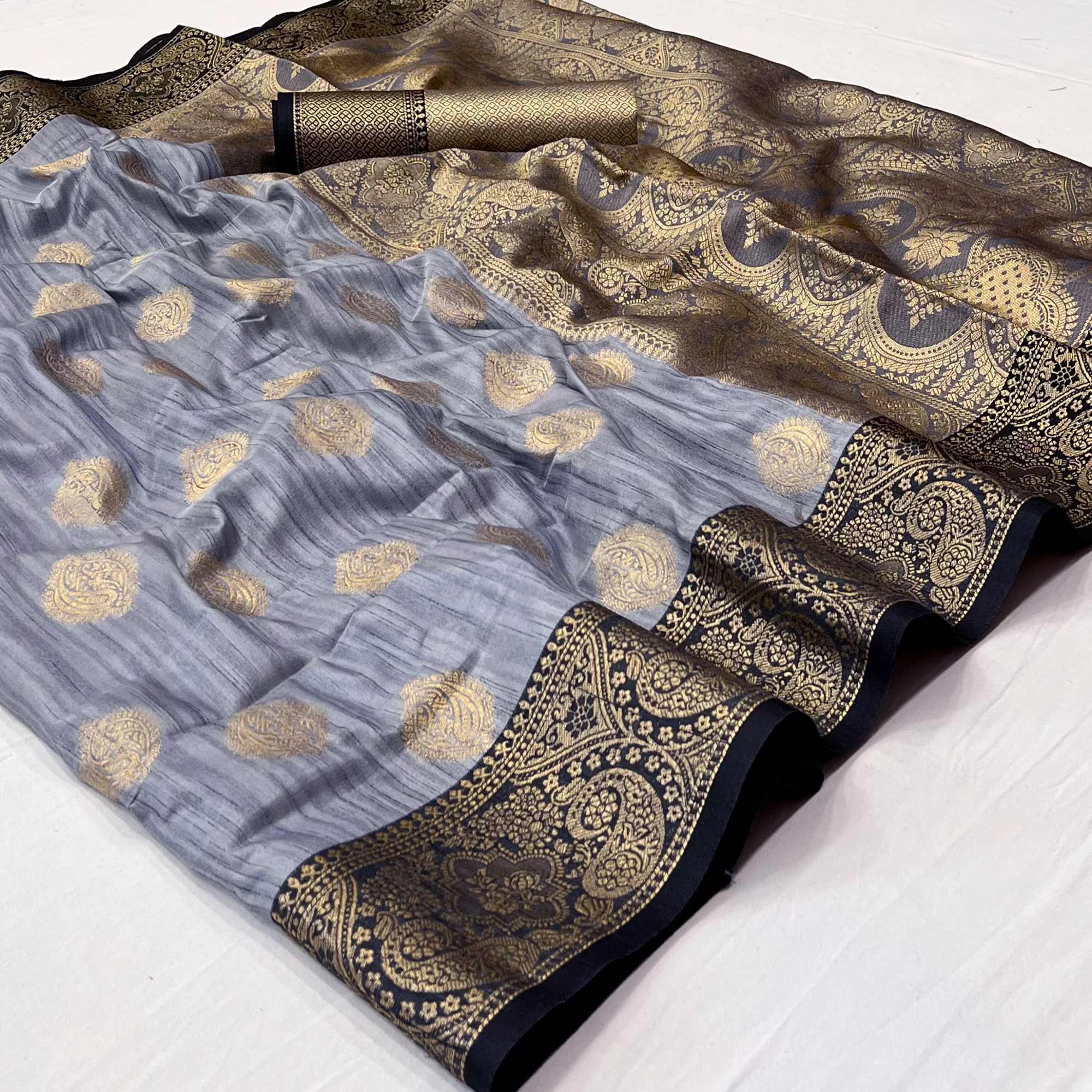 Peachmode Grey Woven Art Silk Saree – Women's