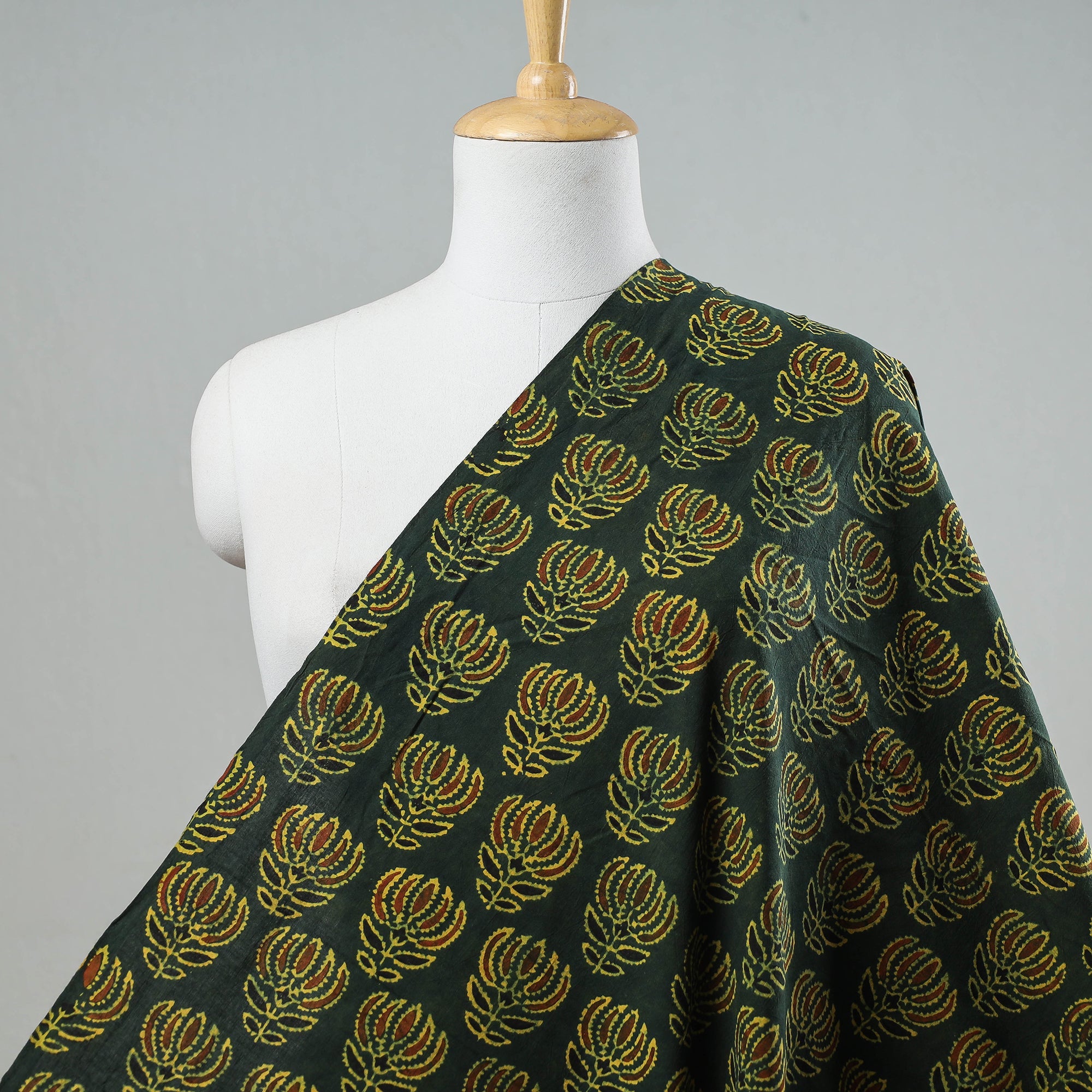 AJRAKH BY JABBAR KHATRI Big Green Lotus Butta Ajrakh Hand Block Printed Cotton Fabric