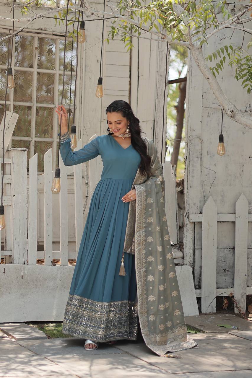 ClothsVilla Teal Blue Stunning Faux Georgette Gown with Rich Sequins Embroidery - view 2