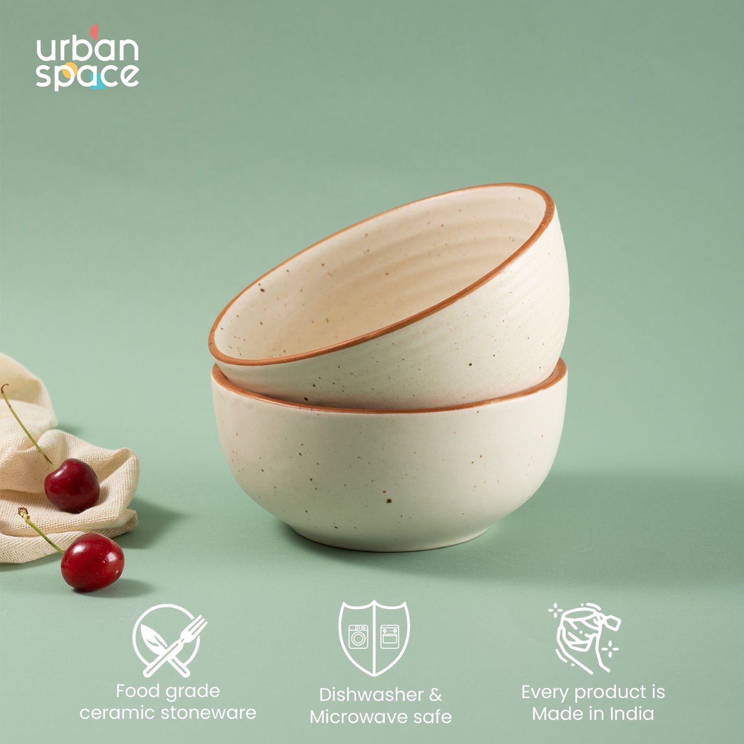 Urban Space Home Furnishing Handmade Ceramic Snack Bowls, Ramen Soup bowls, Serving Bowls, Set of 2, Natural Beige - view 3