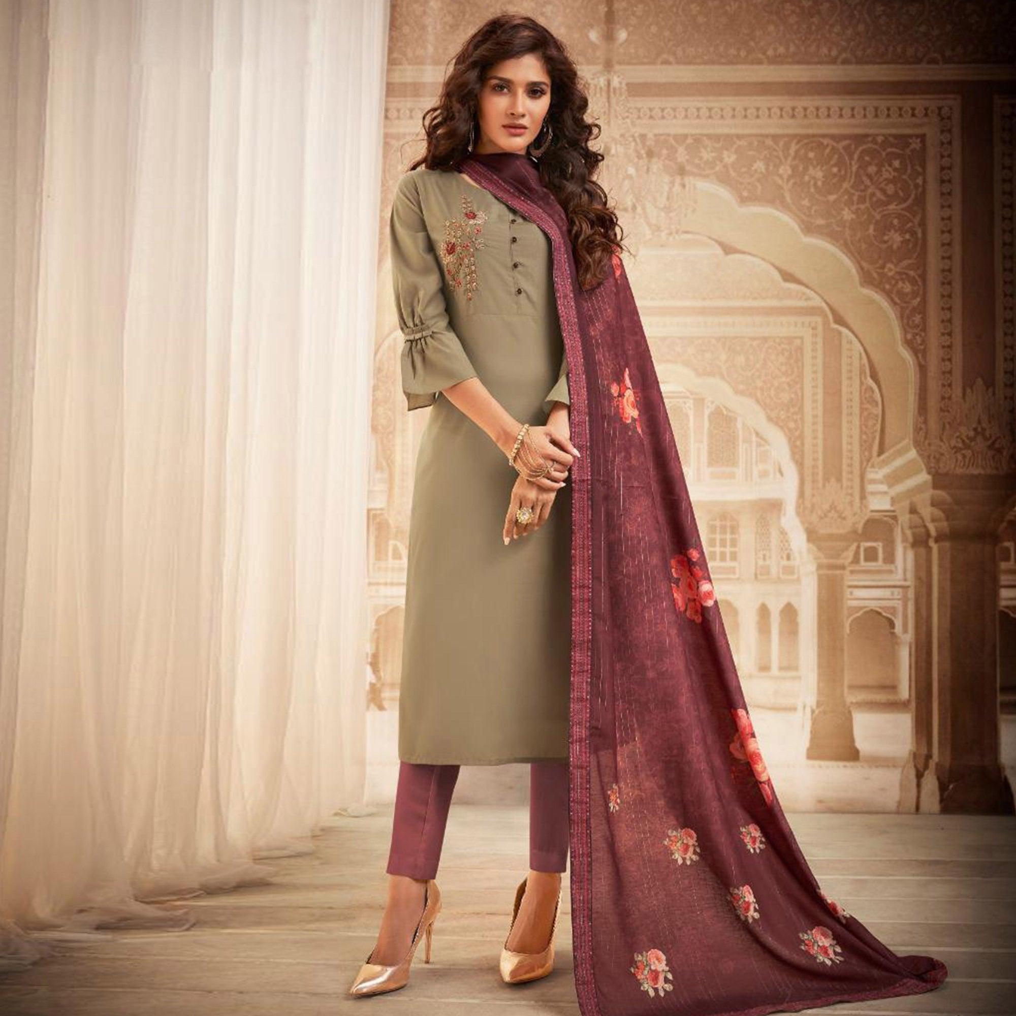Peachmode Seller Demanding Beige Colored Partywear Embroidered Heavy Muslin Salwar Suit